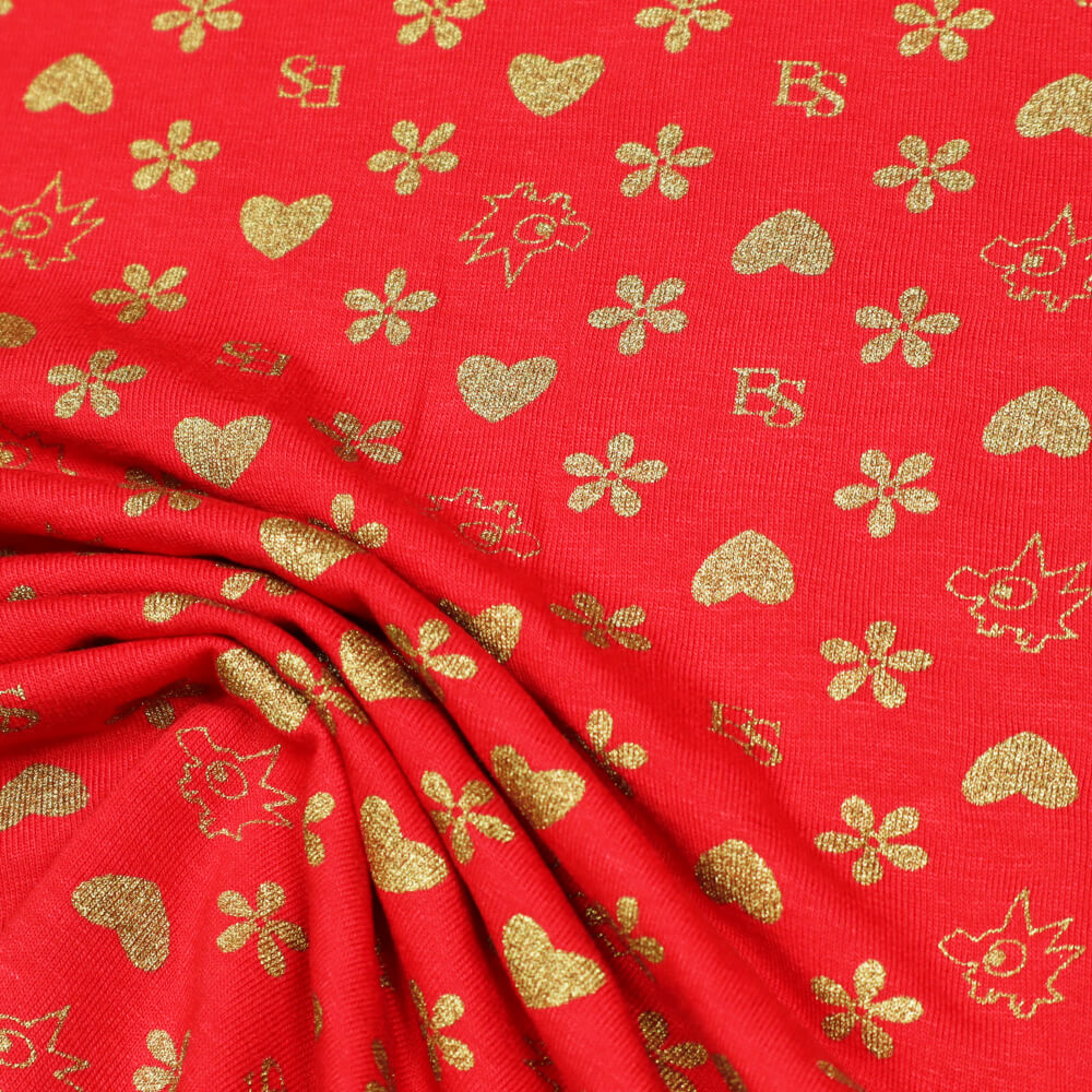 0,5 m |  Viskosejersey mit Glitzer- Herzchen Blumen & Kindermotiv (3867)