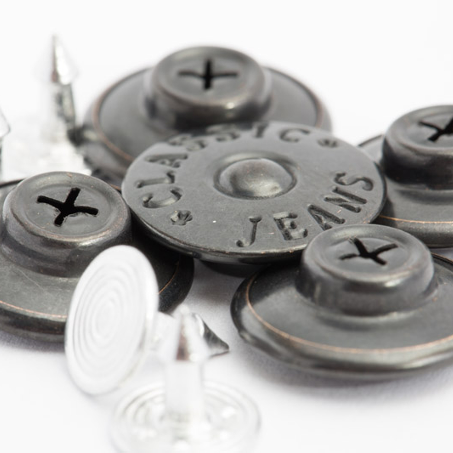 5 Patenthosenknöpfe "JEANS" - 16mm - Altsilberfarben