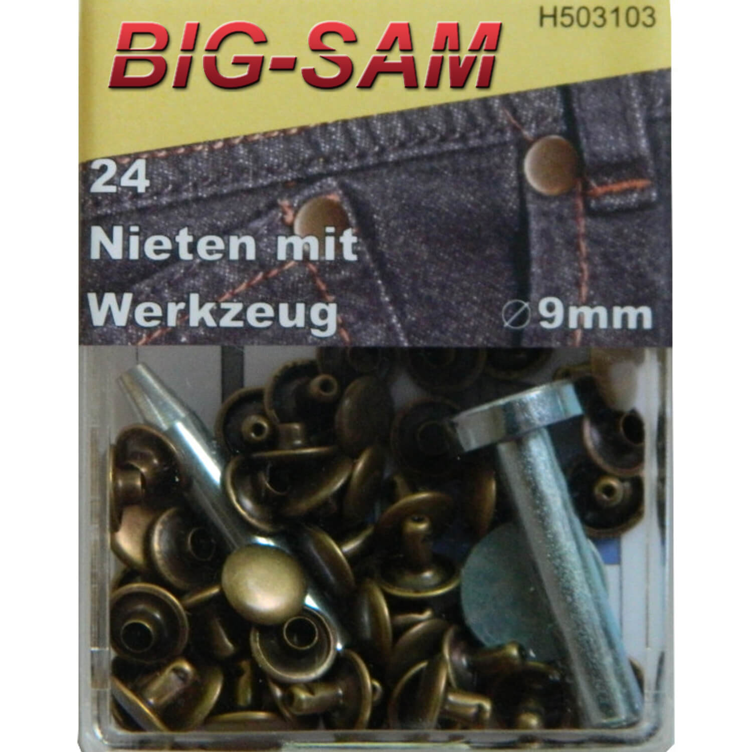 24 Hohlnieten mit Werkzeug - 9mm - Altmessingfarben