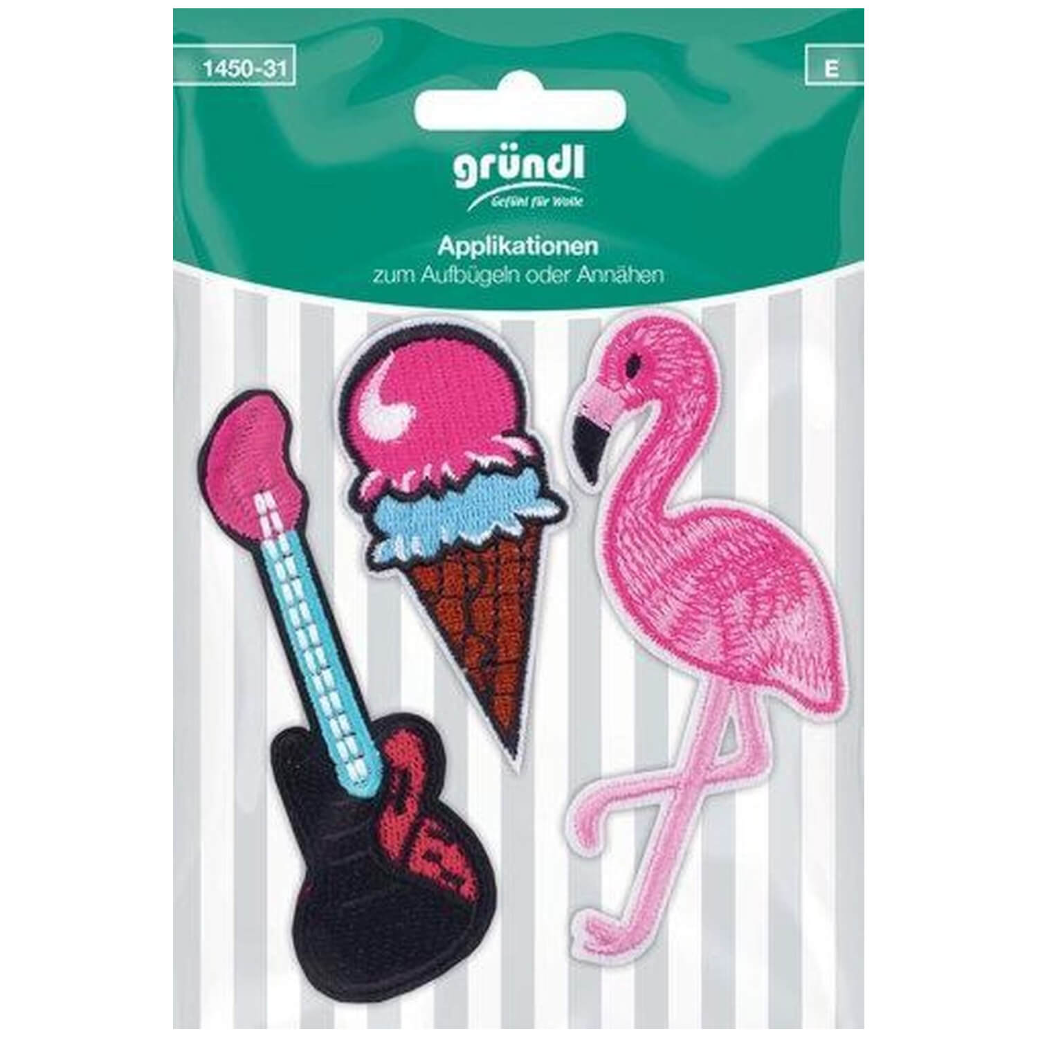 Gründl | 3x Textil Applikation: Gitarre, Eis, Flamingo (1450-31)