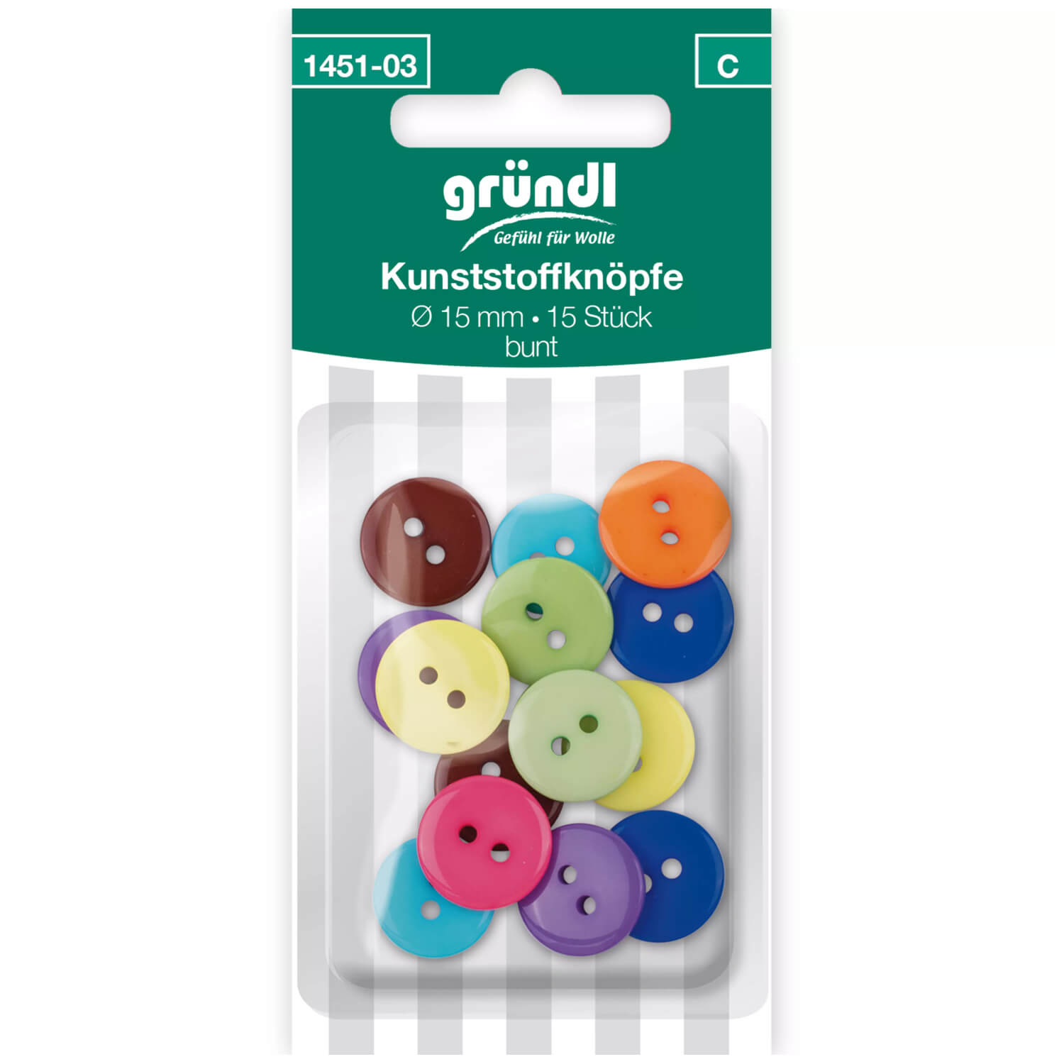 GRÜNDL | 15 Kunststoff Knöpfe - 15mm - in bunter Mischung (1451-3)