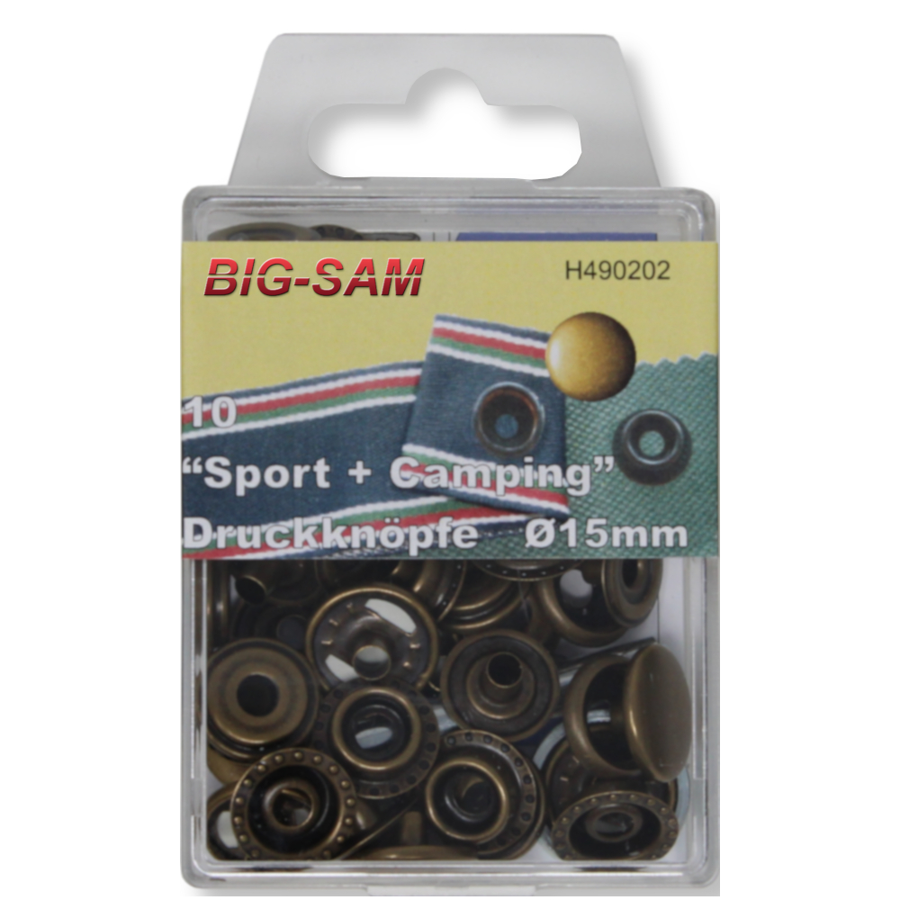 10 St. Druckknöpfe 15mm - "Sport & Camping" - Altmessing