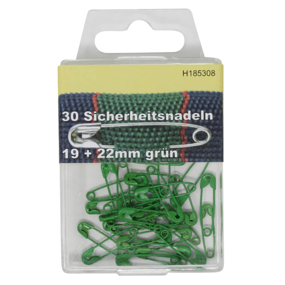30 Sicherheitsnadeln 19 & 22 mm - Dosenverpackung - Grün