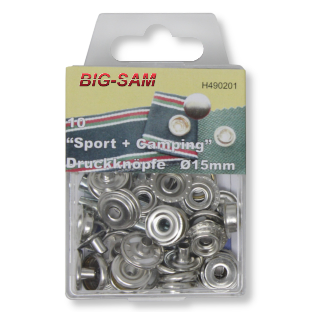 10 St. Druckknöpfe 15mm - "Sport & Camping" - Silber