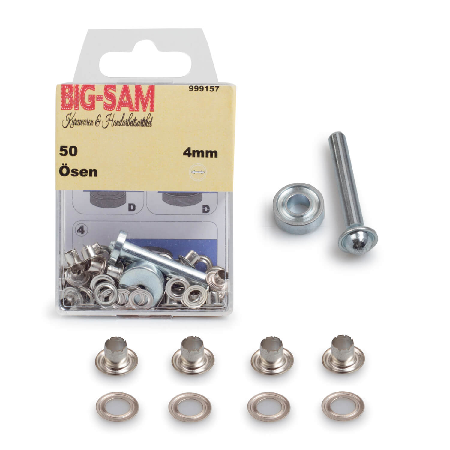 50 Ösen mit Scheiben - 4mm - inkl. Anleitung und Werkzeug - Silberfarben