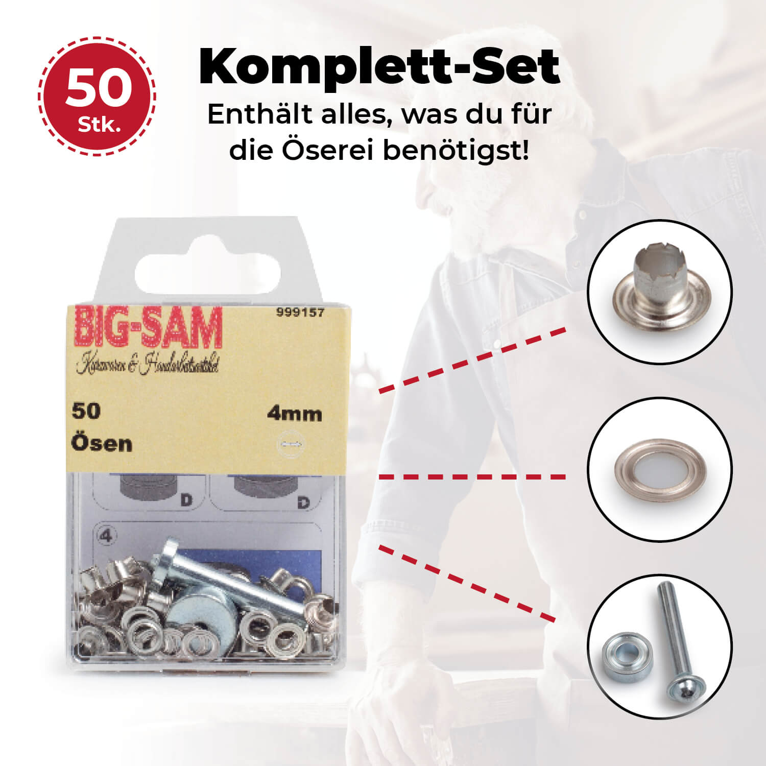50 Ösen mit Scheiben - 4mm - inkl. Anleitung und Werkzeug - Silberfarben