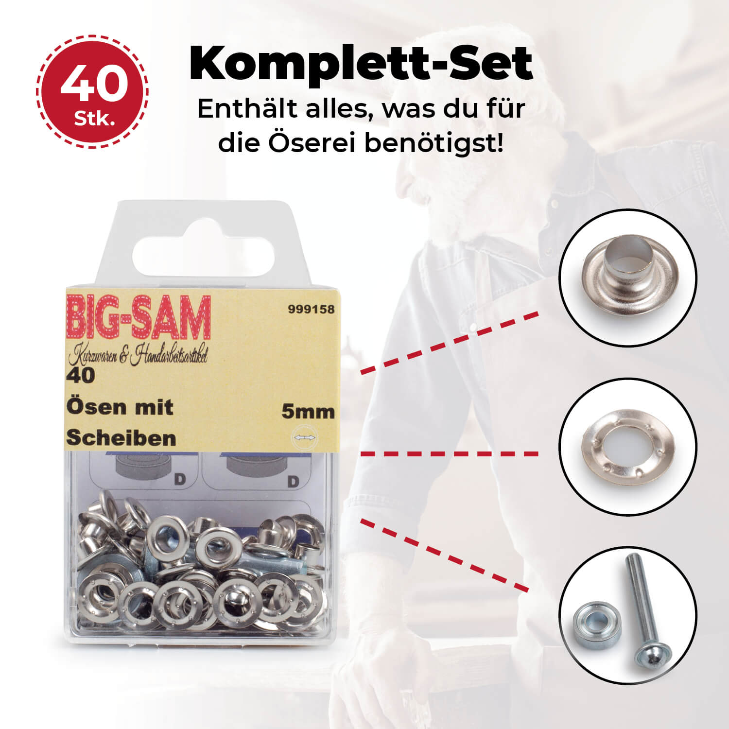 40 Ösen mit Scheiben - 5mm - inkl. Anleitung und Werkzeug - Silberfarben