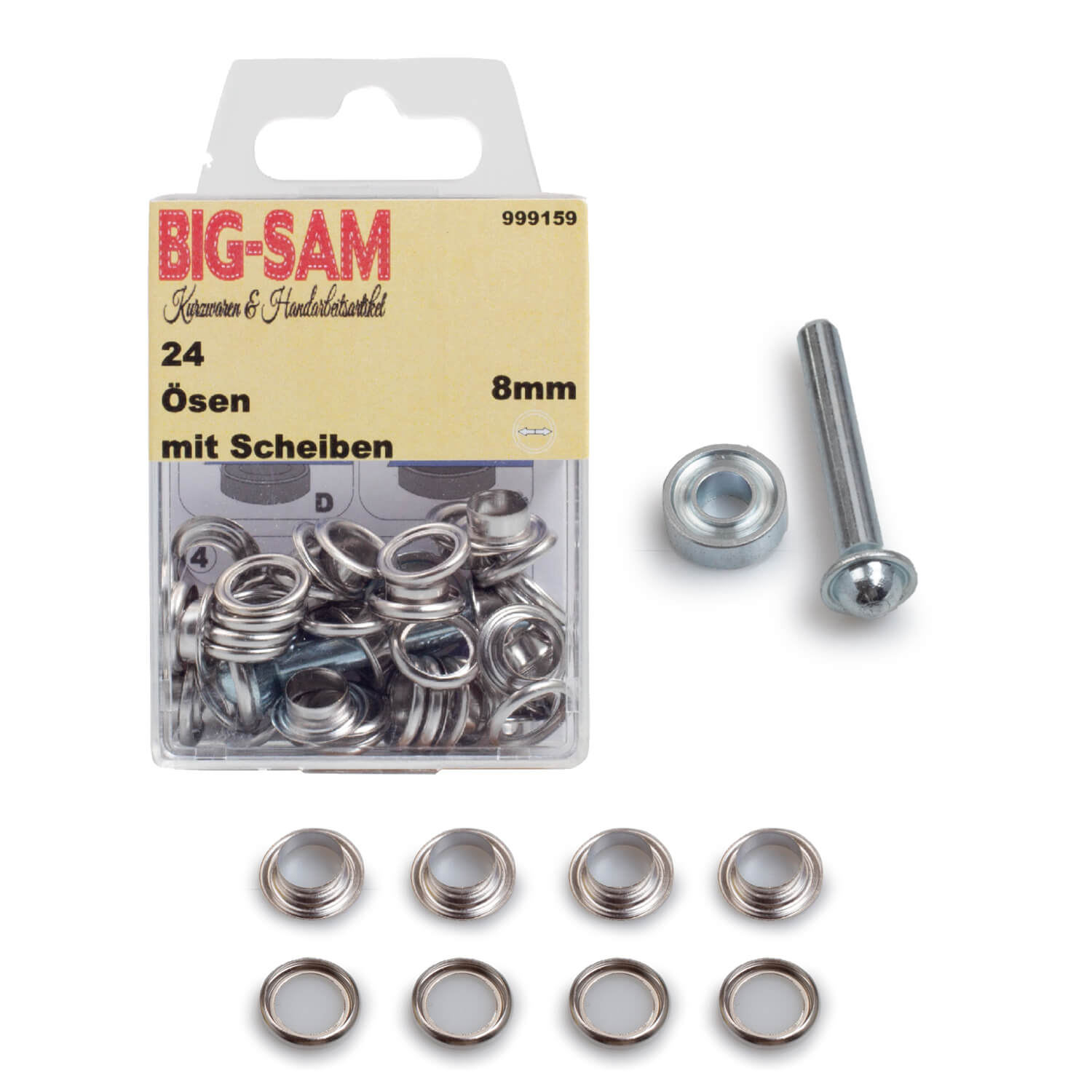 24 Ösen mit Scheiben - 8mm - inkl. Anleitung und Werkzeug - Silberfarben