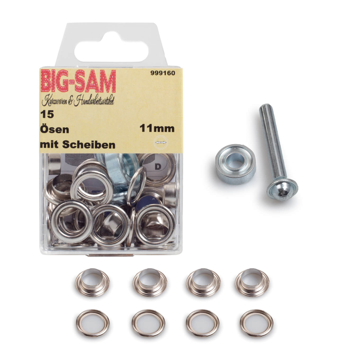 15 Ösen mit Scheiben - 11mm - inkl. Anleitung und Werkzeug - Silberfarben