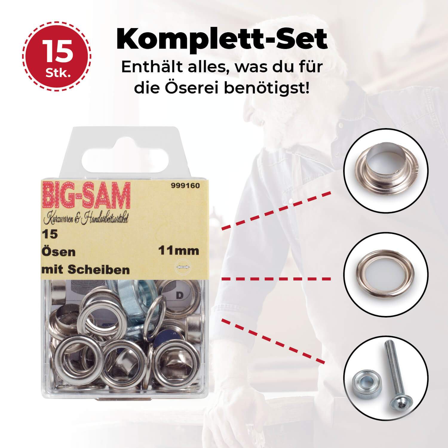 15 Ösen mit Scheiben - 11mm - inkl. Anleitung und Werkzeug - Silberfarben