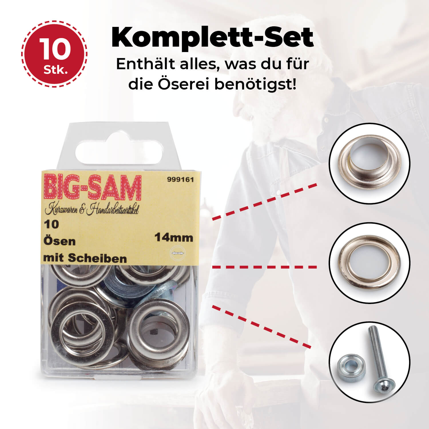 10 Ösen mit Scheiben - 14mm - inkl. Anleitung und Werkzeug - Silberfarben