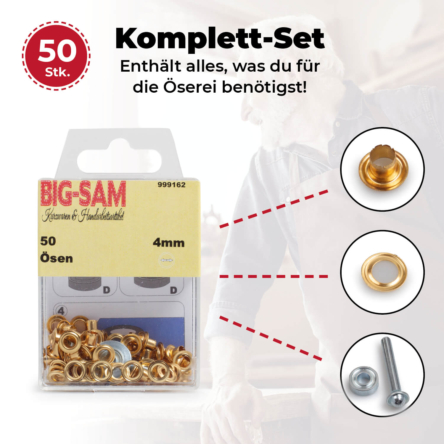 50 Ösen mit Scheiben - 4mm - inkl. Anleitung und Werkzeug - Goldfarben