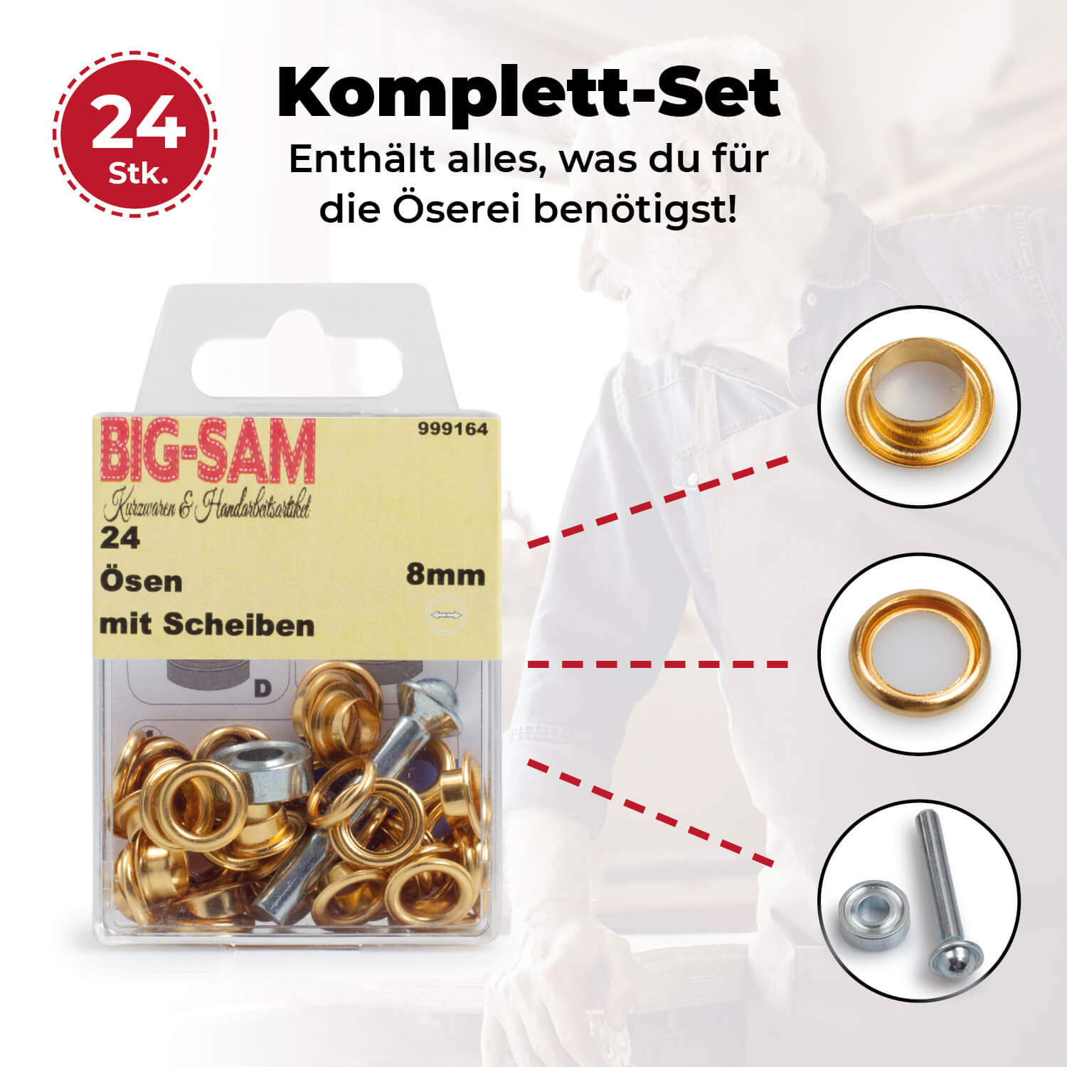 24 Ösen mit Scheiben - 8mm - inkl. Anleitung und Werkzeug - Goldfarben