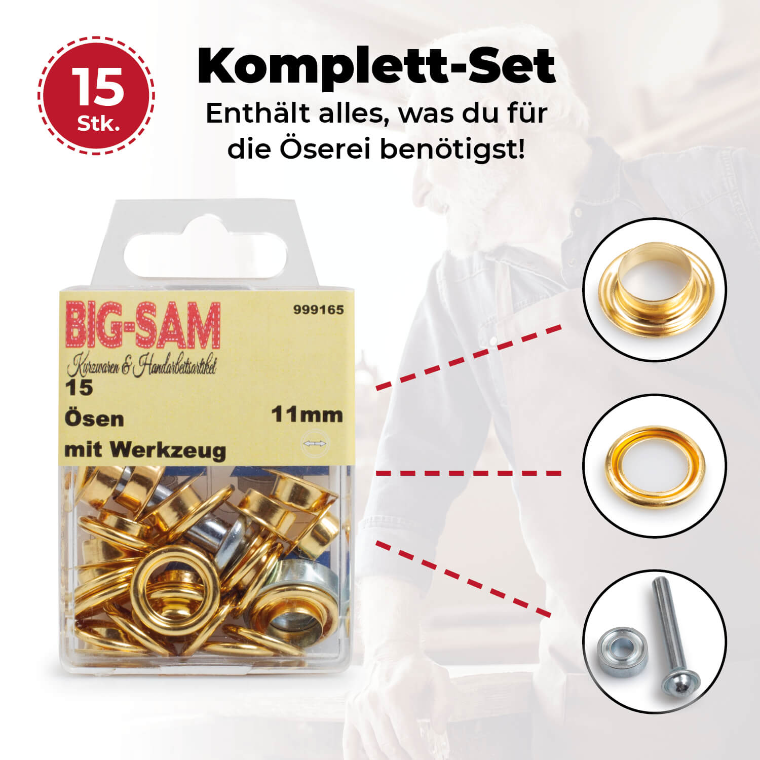 15 Ösen mit Scheiben - 11mm - inkl. Anleitung und Werkzeug - Goldfarben