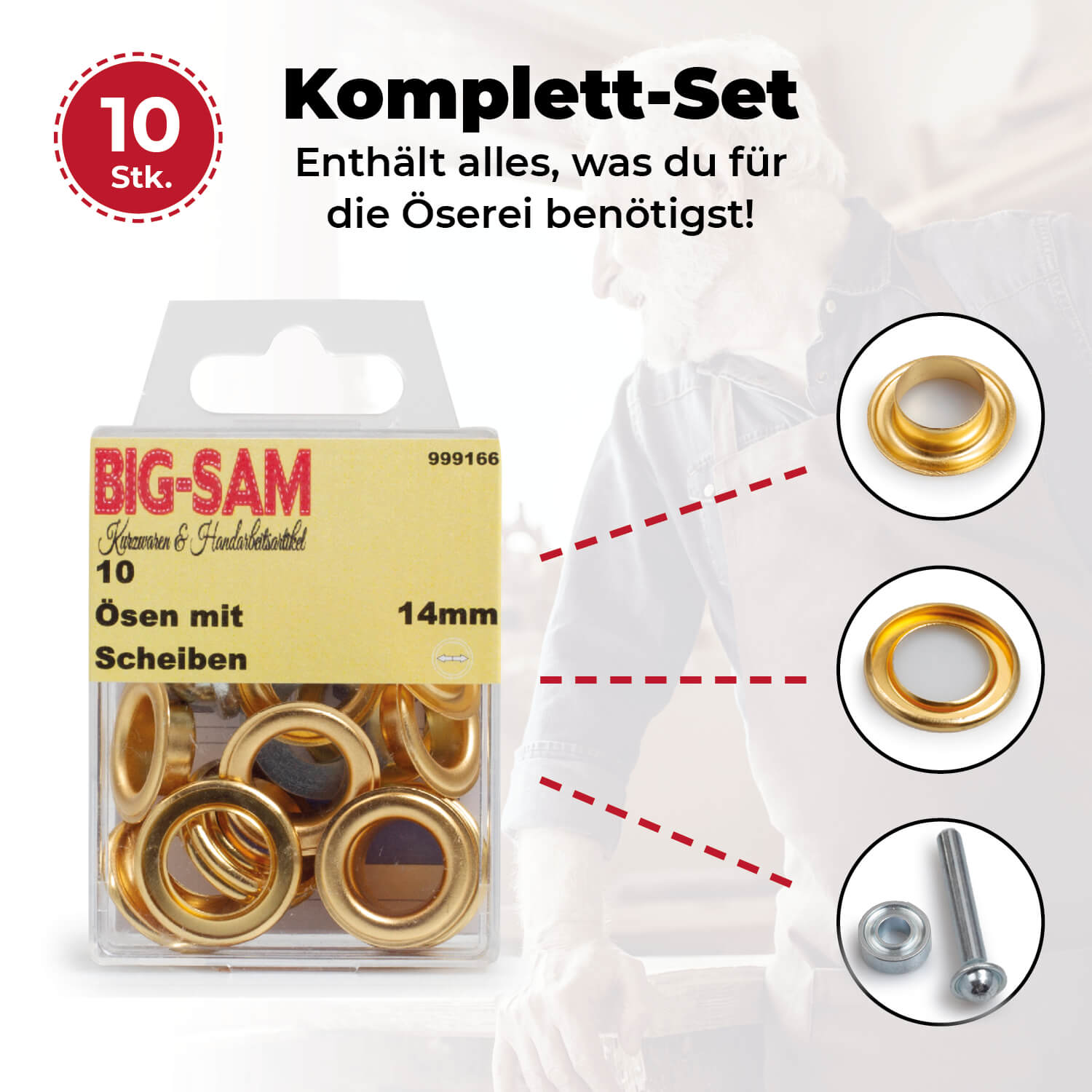 10 Ösen mit Scheiben - 14mm - inkl. Anleitung und Werkzeug - Goldfarben