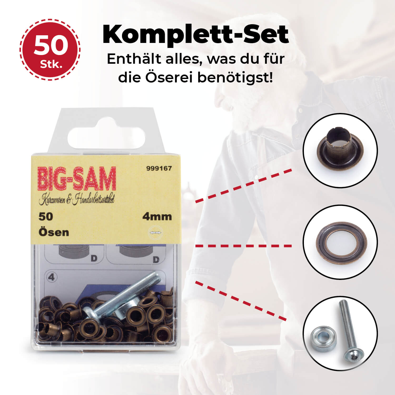 50 Ösen mit Scheiben - 4mm - inkl. Anleitung und Werkzeug - Altmessingfarben