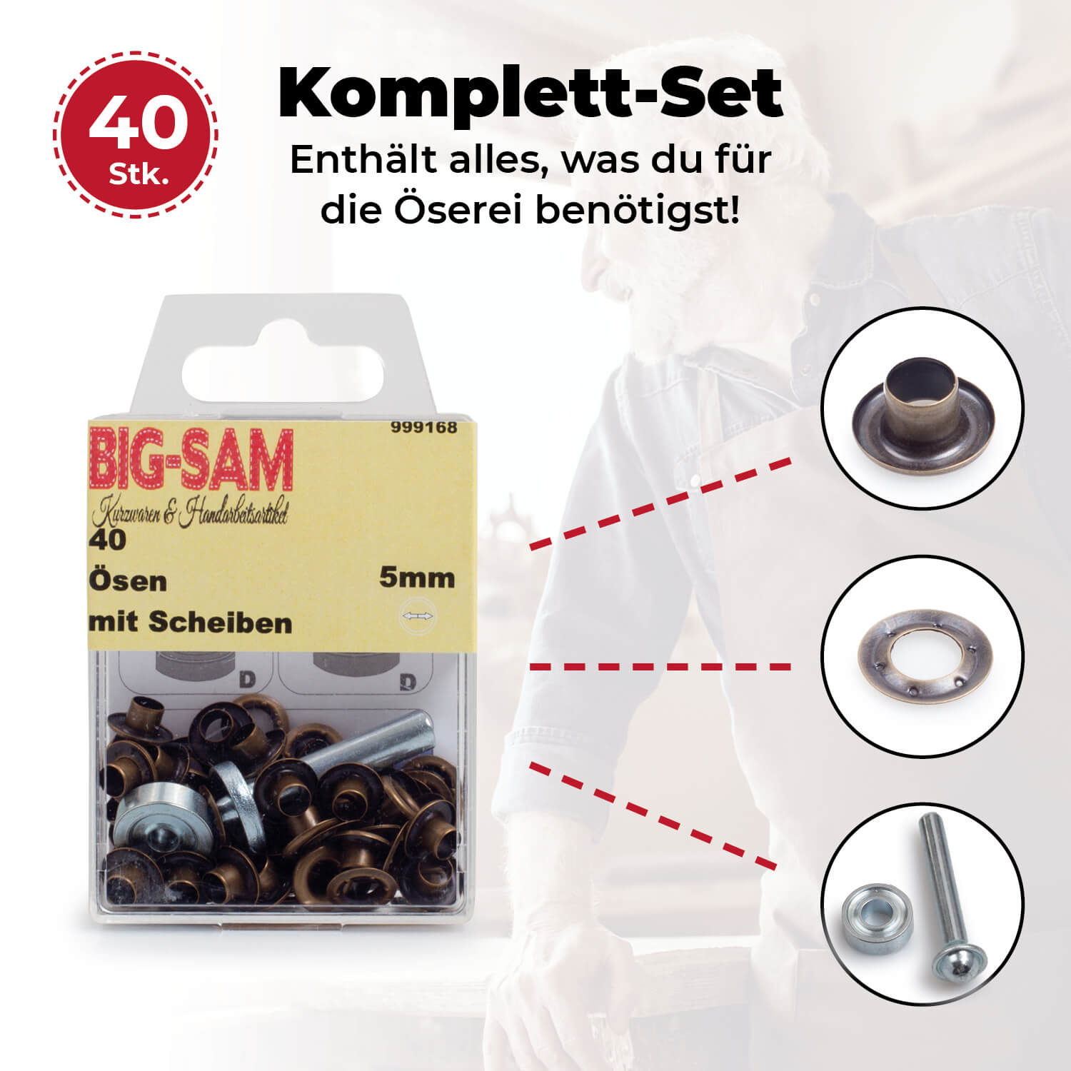 40 Ösen mit Scheiben - 5mm - inkl. Anleitung und Werkzeug - Altmessingfarben
