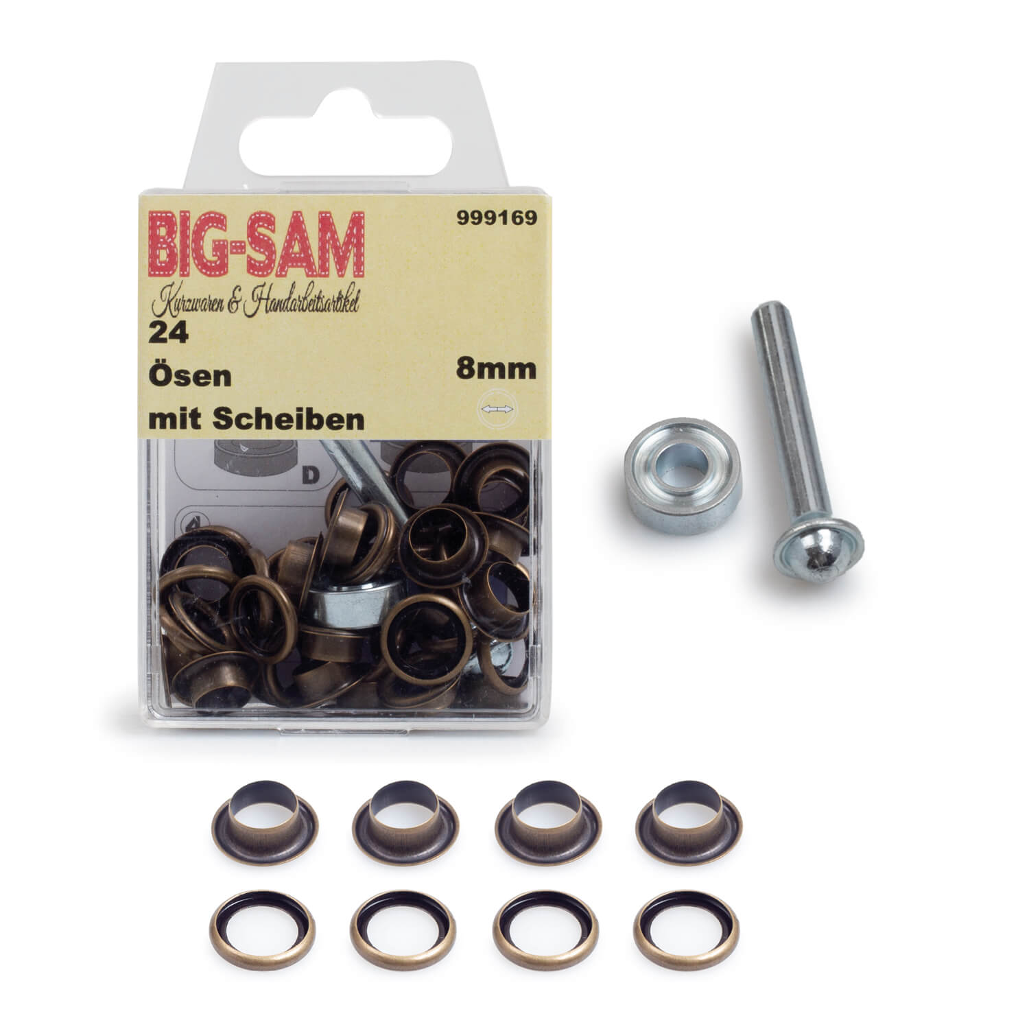 24 Ösen mit Scheiben - 8mm - inkl. Anleitung und Werkzeug - Altmessingfarben