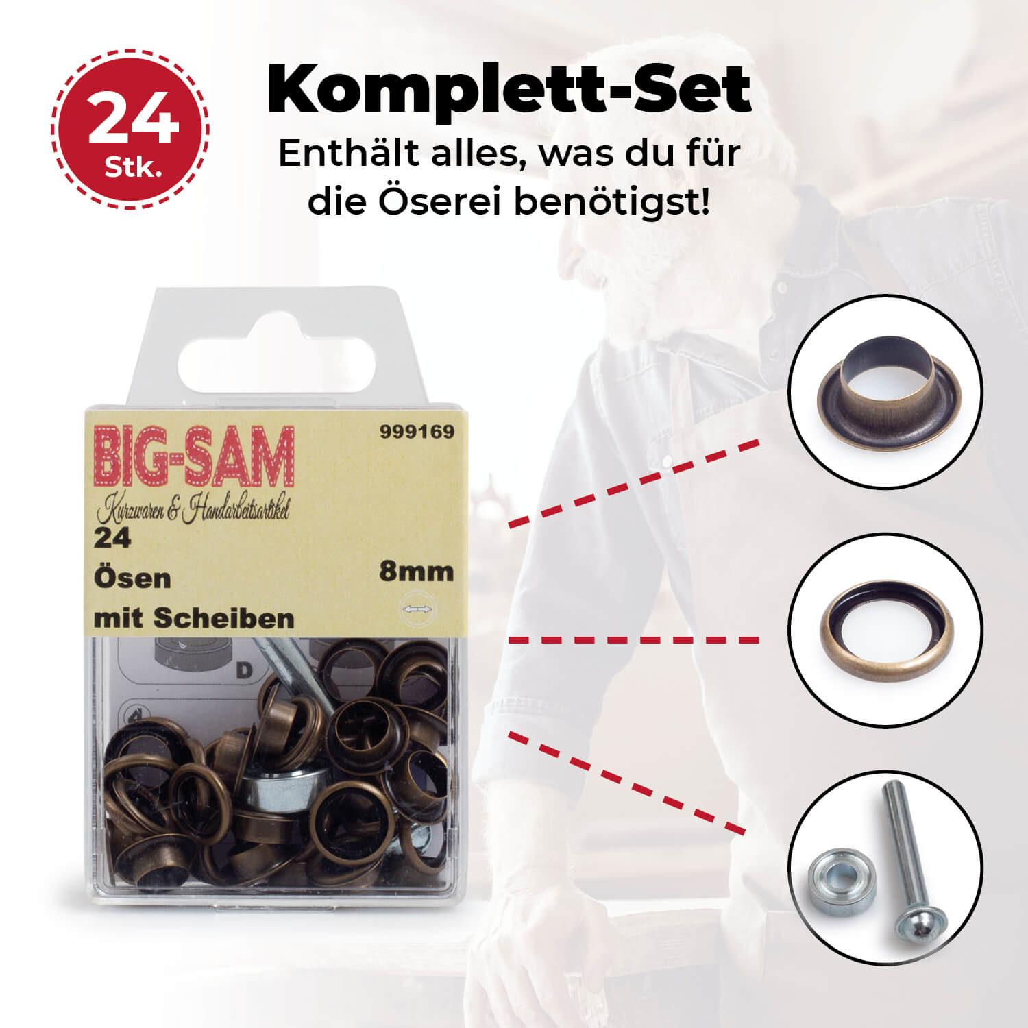 24 Ösen mit Scheiben - 8mm - inkl. Anleitung und Werkzeug - Altmessingfarben