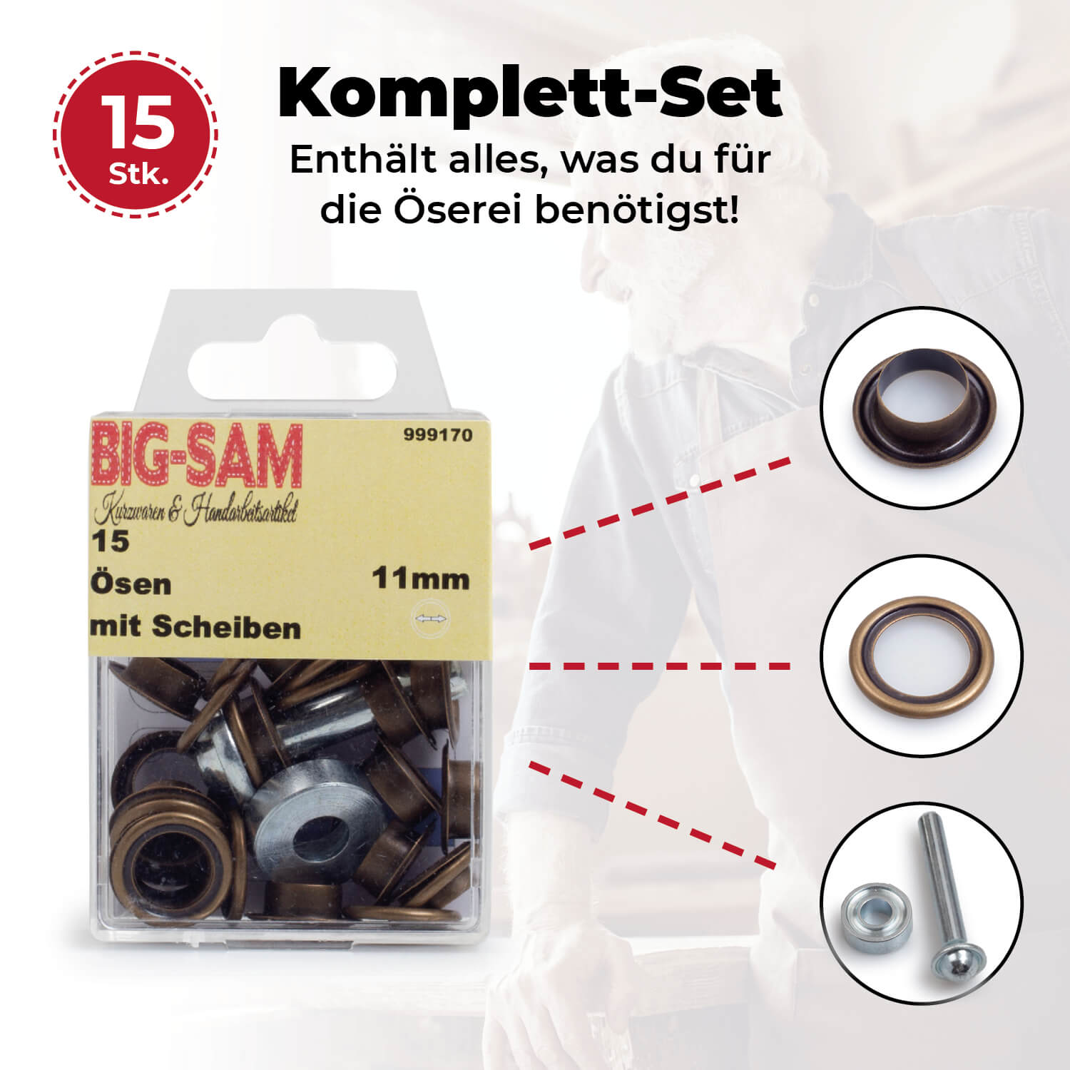 15 Ösen mit Scheiben - 11mm - inkl. Anleitung und Werkzeug - Altmessingfarben