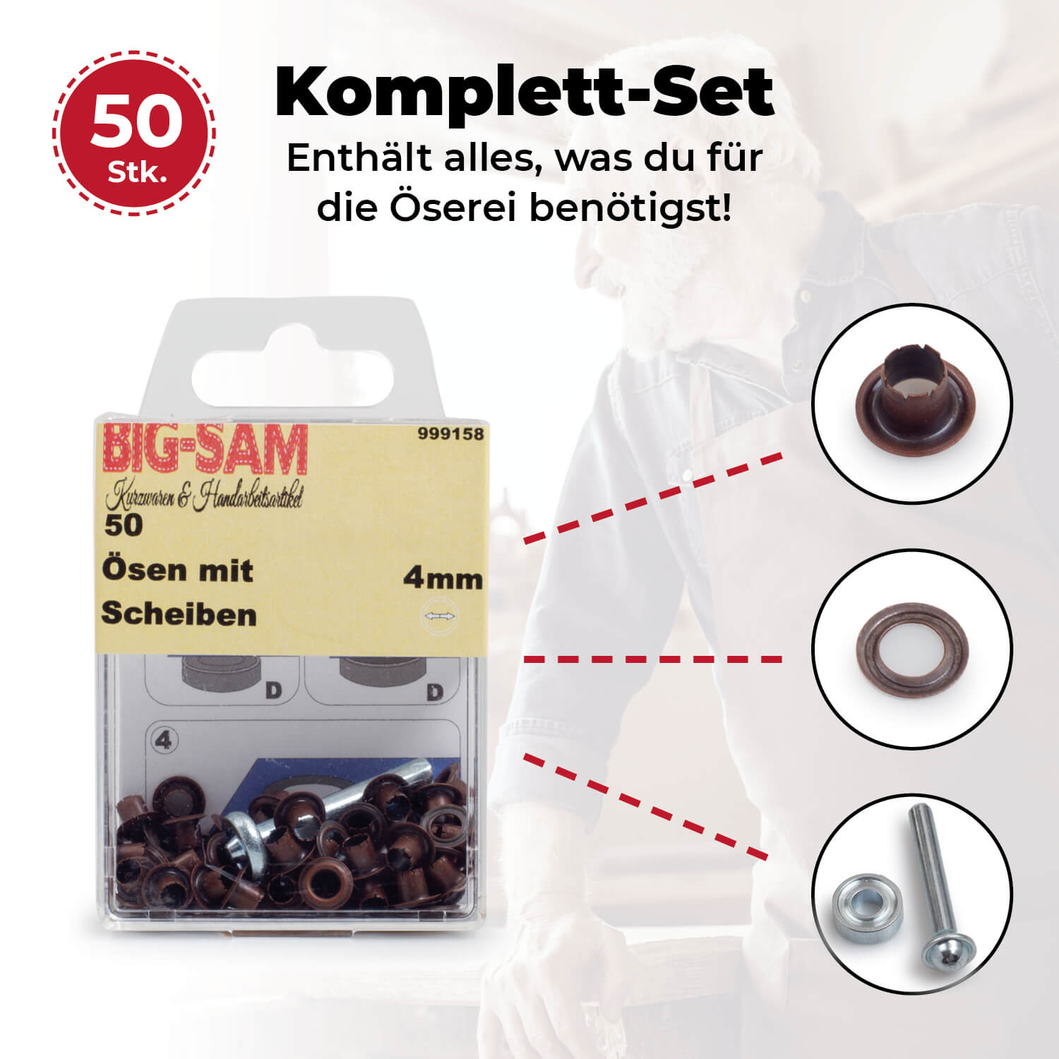 50 Ösen mit Scheiben - 4mm - inkl. Anleitung und Werkzeug - Altkupferfarben