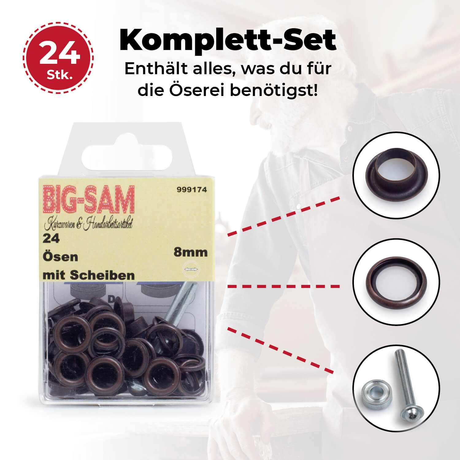 24 Ösen mit Scheiben - 8mm - inkl. Anleitung und Werkzeug - Altkupferfarben