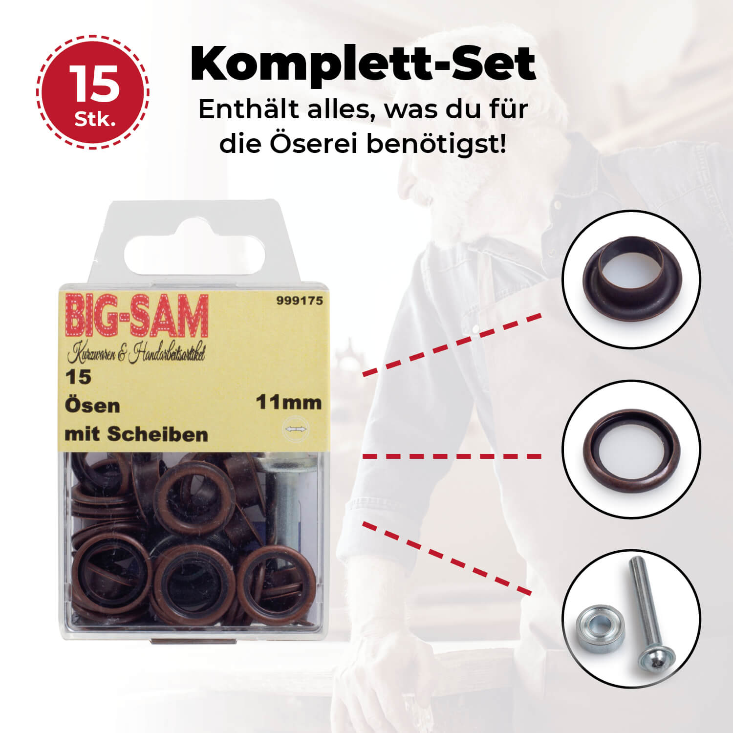 15 Ösen mit Scheiben - 11mm - inkl. Anleitung und Werkzeug - Altkupferfarben