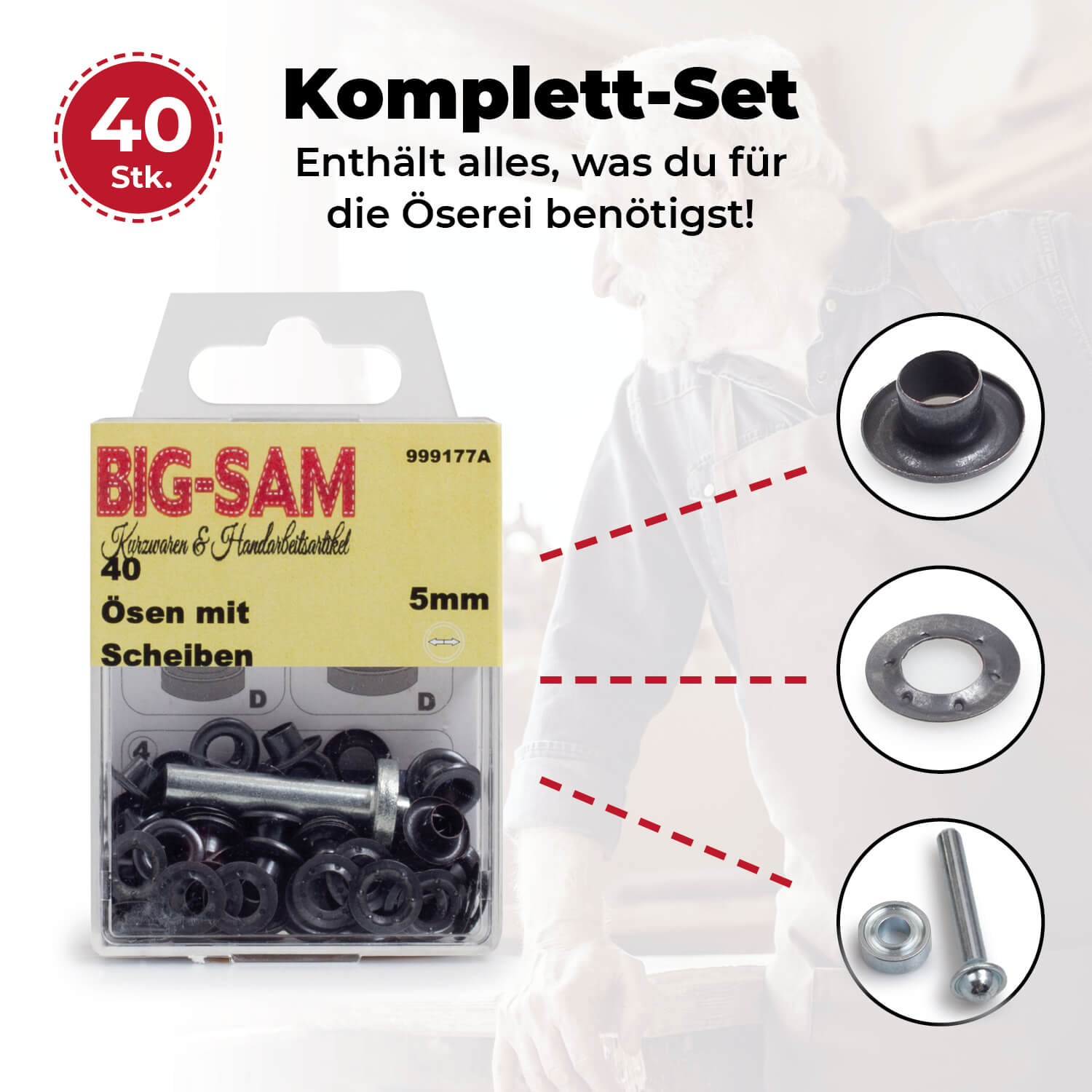 40 Ösen mit Scheiben - 5mm - inkl. Anleitung und Werkzeug - Brüniert