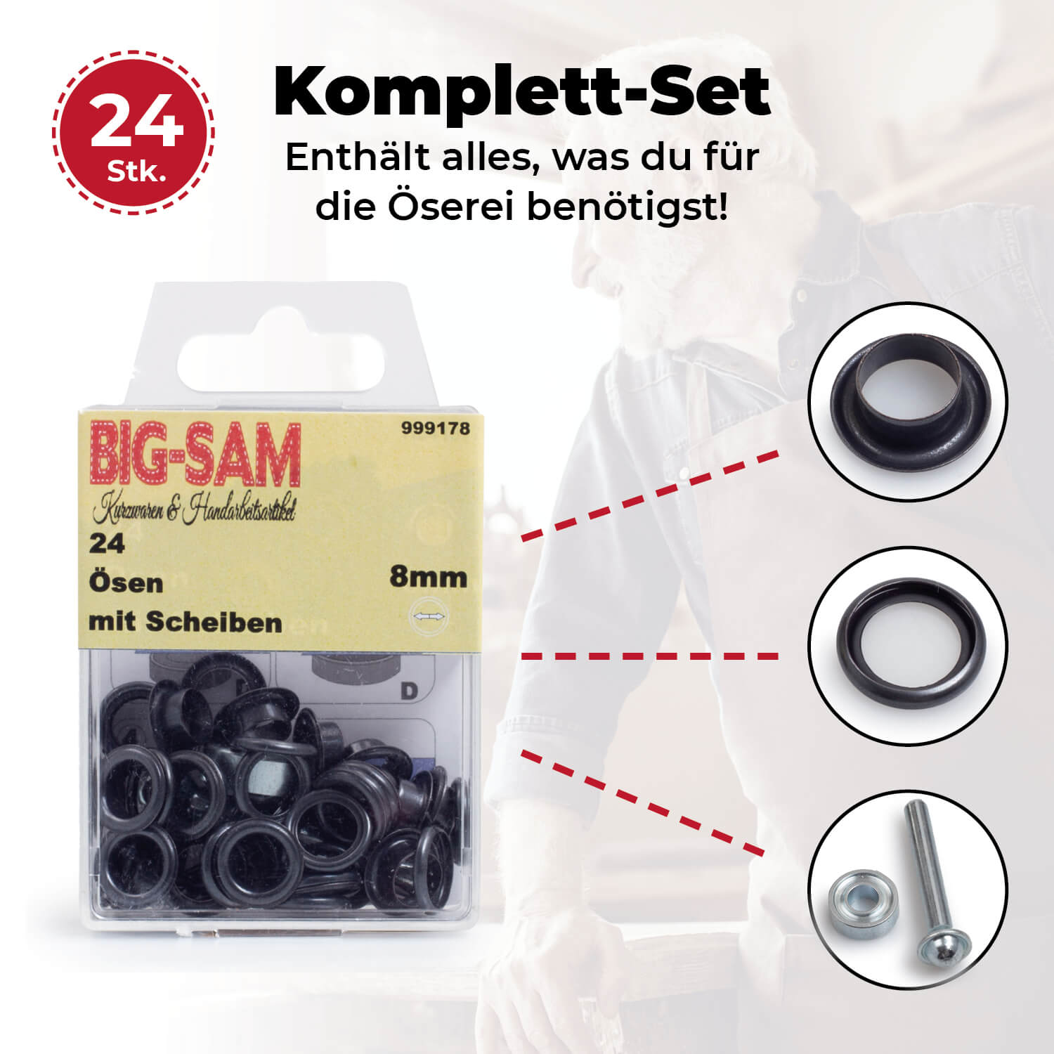 24 Ösen mit Scheiben - 8mm - inkl. Anleitung und Werkzeug - Brüniert