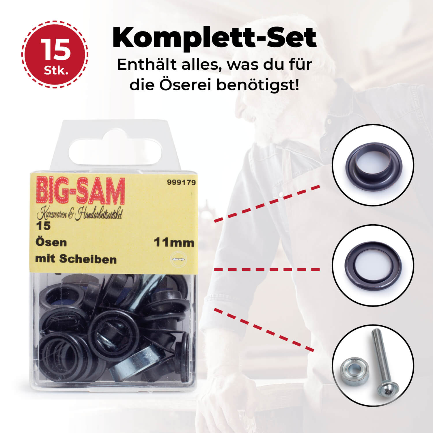 15 Ösen mit Scheiben - 11mm - inkl. Anleitung und Werkzeug - Brüniert