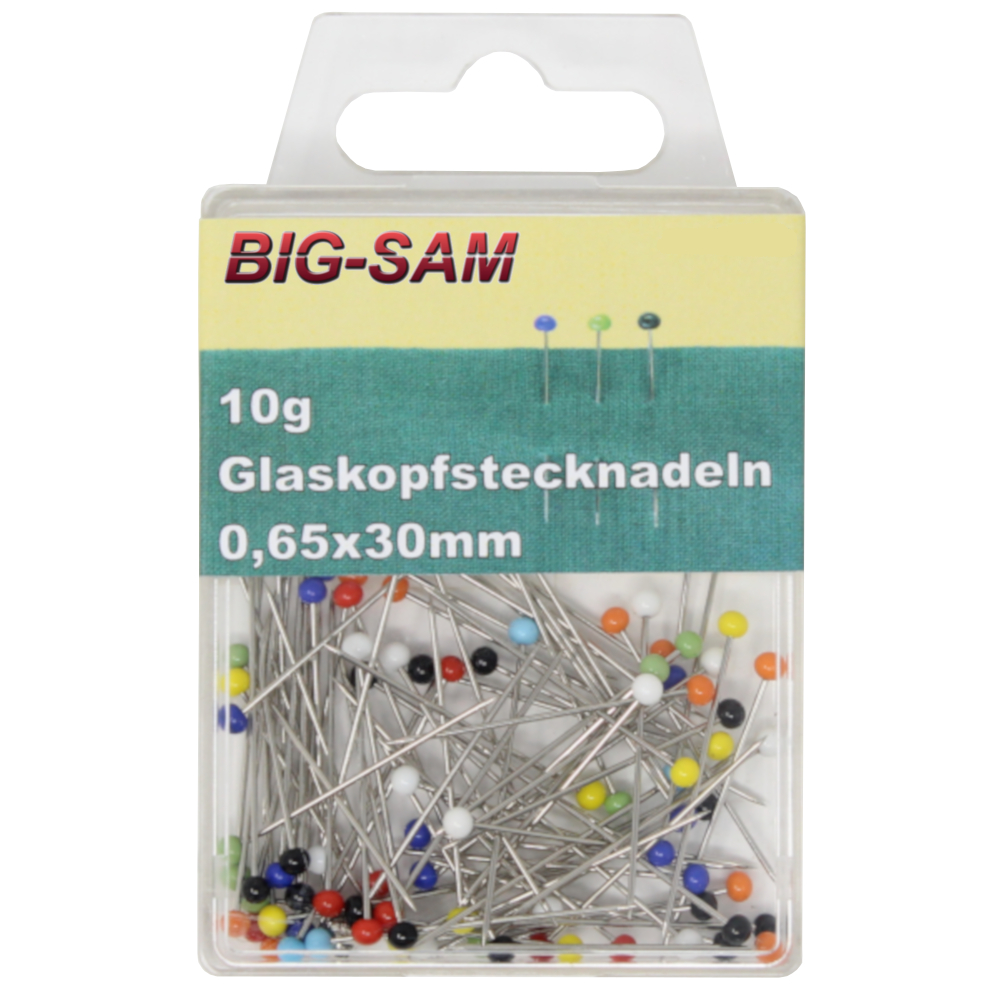 10g Glaskopfstecknadeln 0,65 x 30mm mit bunten Rund-Köpfen