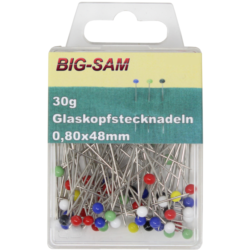 30g Glaskopfstecknadeln 0,80 x 48 mm mit bunten Köpfen