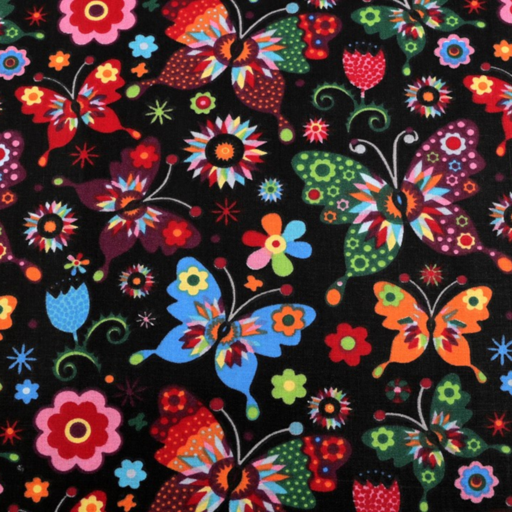1m | Baumwollstoff 160cm in Schwarz mit  Schmetterlingen und Blumen