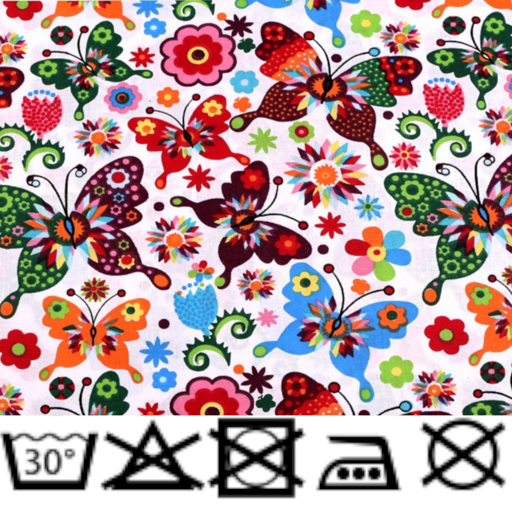 1m | Baumwollstoff 160cm in WEISS mit  Schmetterlingen und Blumen