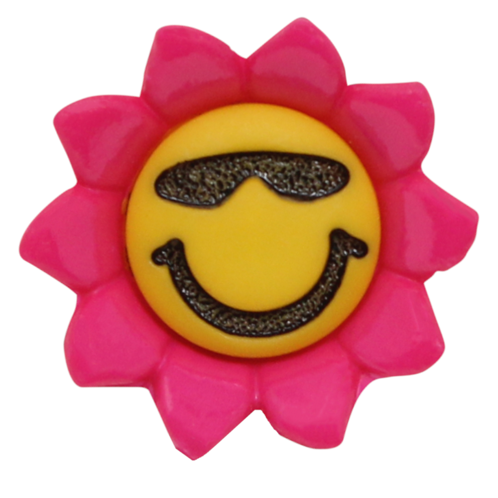 10 Ösenknöpfe aus Kunststoff Blume mit Smiley 18x18mm in Pink/Gelb