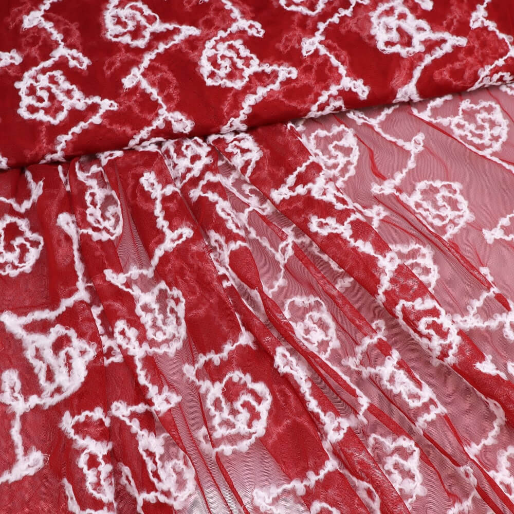 1 m | Weichtüll (Mesh) - 120 cm Breite - mit Applikation - rot/weiss (3797)