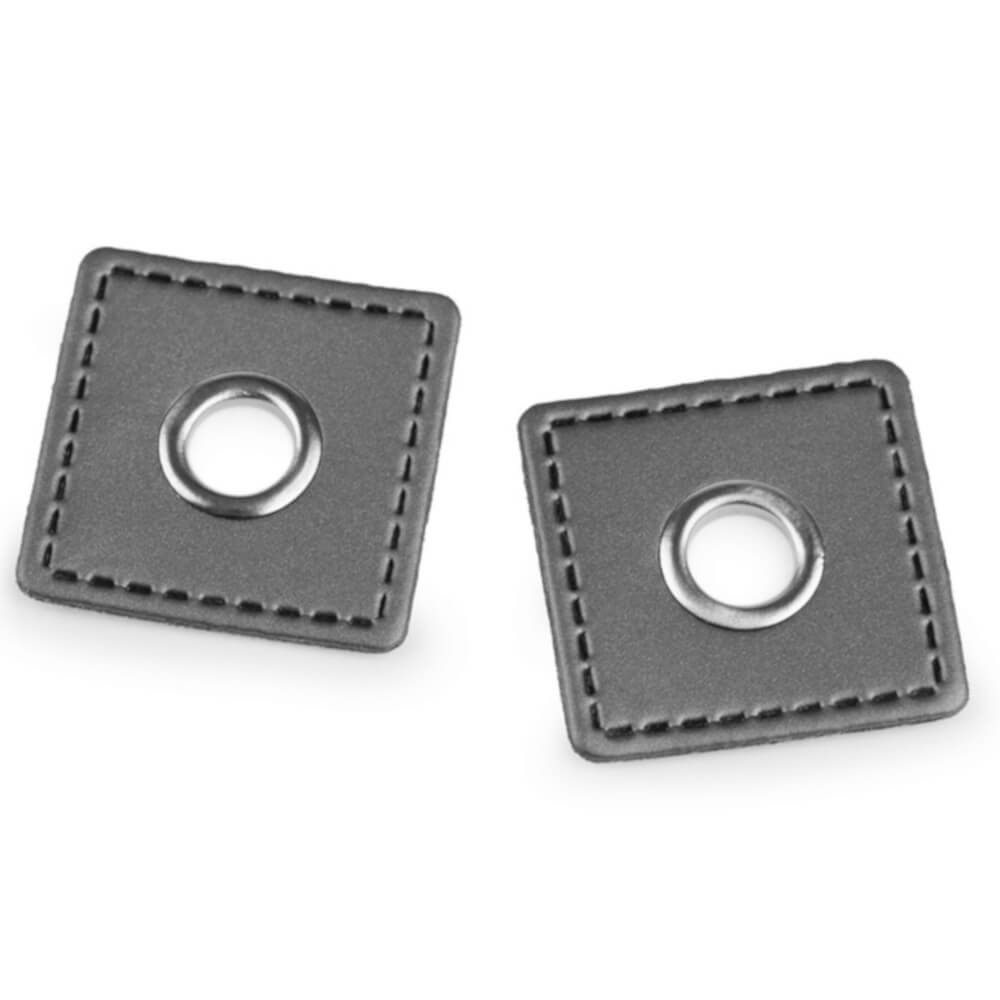 2x 8 mm silberfarbene Ösen Patches auf 30x30 mm Kunstleder - Grau (3)