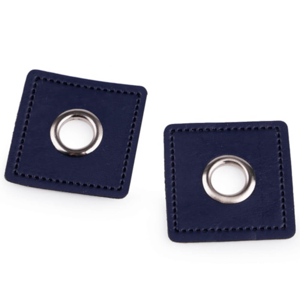 2x 8 mm silberfarbene Ösen Patches auf 30x30 mm Kunstleder - Dunkelblau (12)