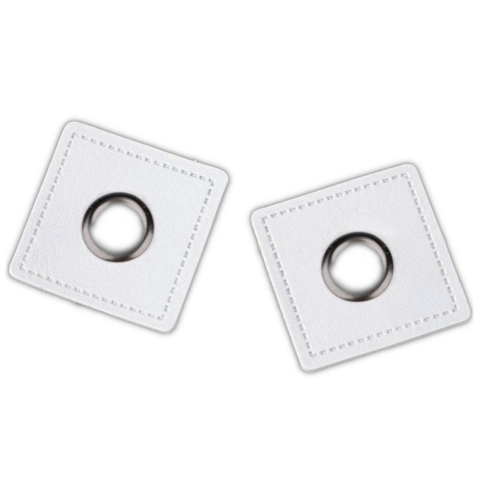 2x 8 mm nickel-schwarze Ösen Patches auf 30x30 mm Kunstleder - Weiß (11)