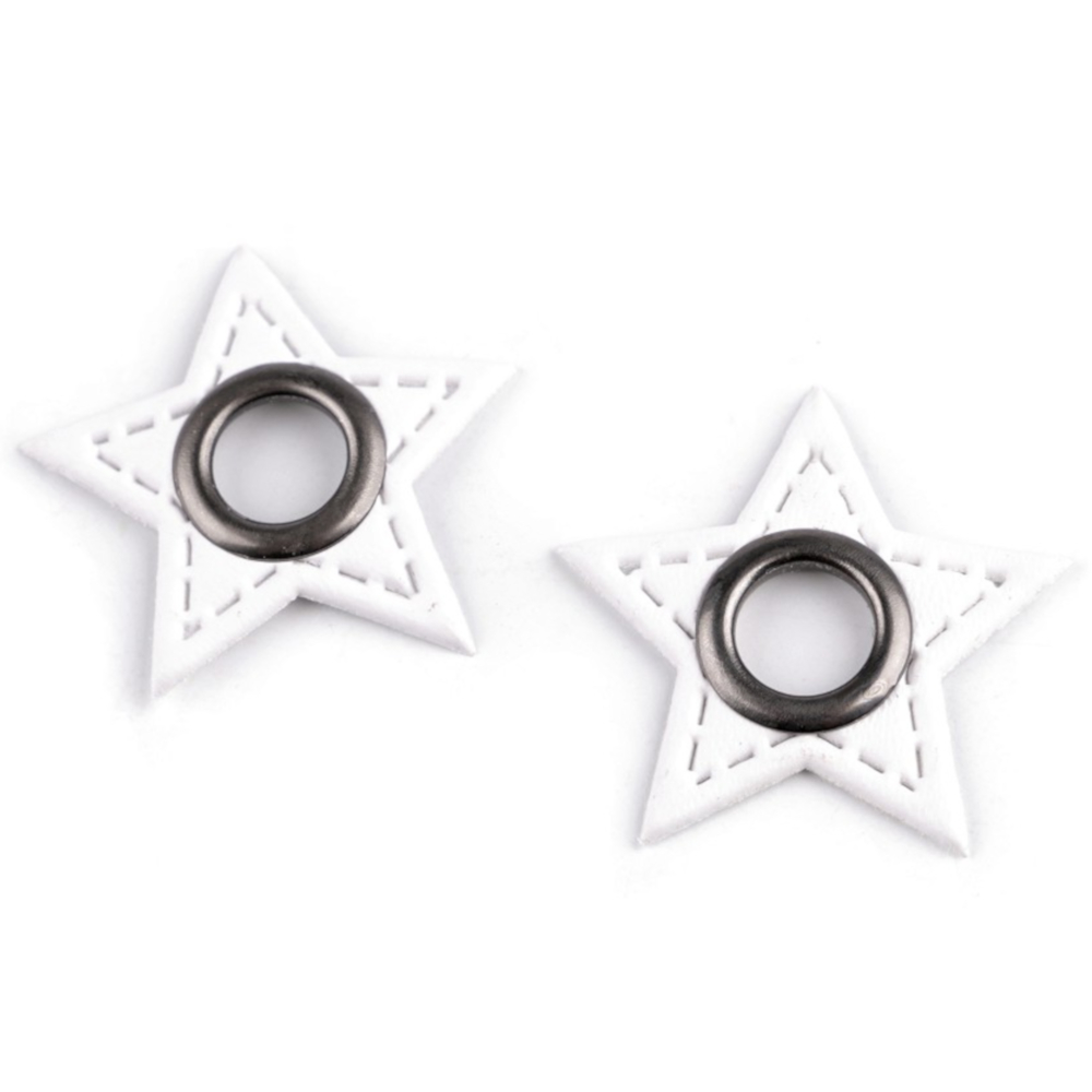 2x 8 mm nickel-schwarze Ösen Patches auf 30 mm Durchmesser Kunstleder in Stern-Form - Weiss