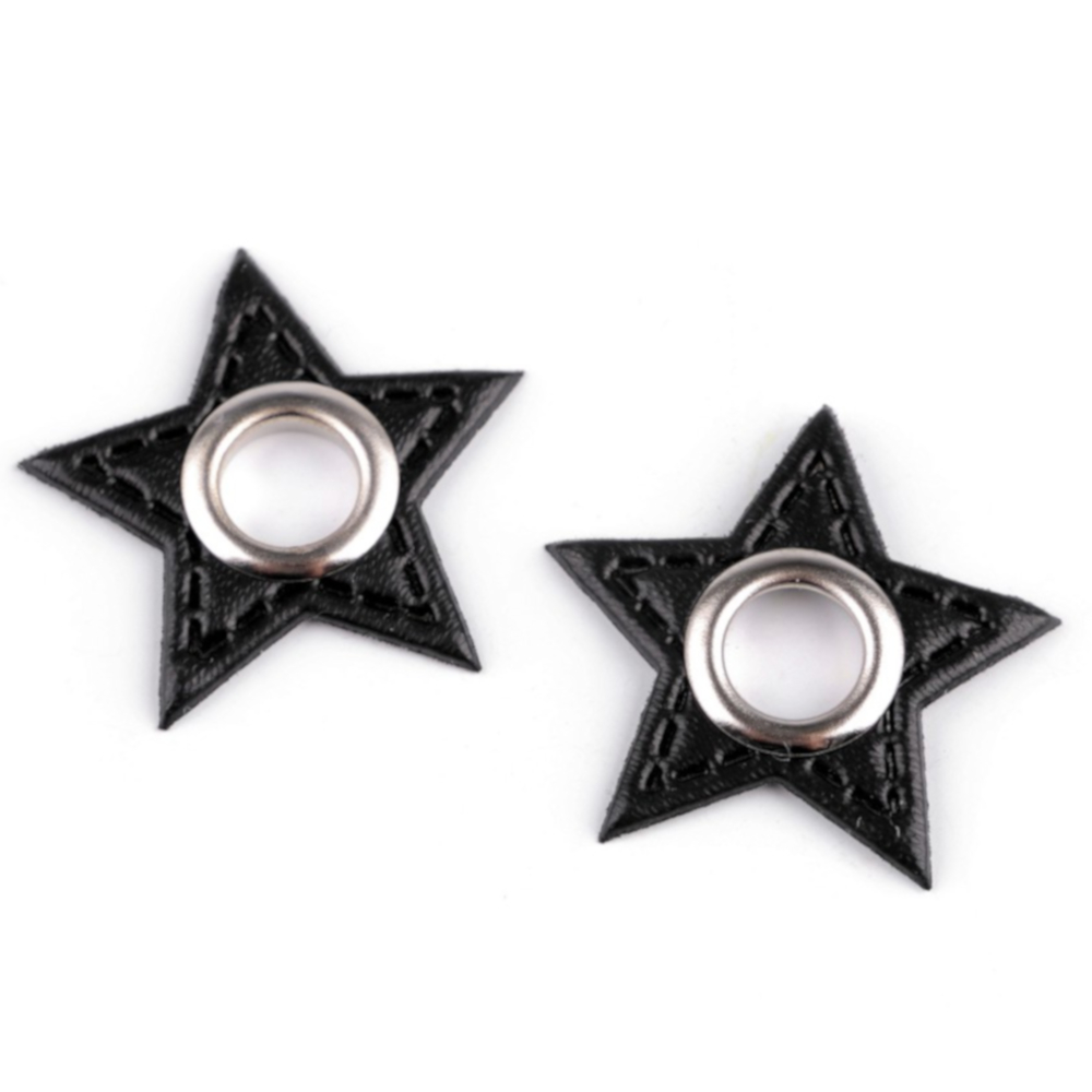 2x 8 mm nickel-schwarze Ösen Patches auf 30 mm Durchmesser Kunstleder in Stern-Form - Schwarz