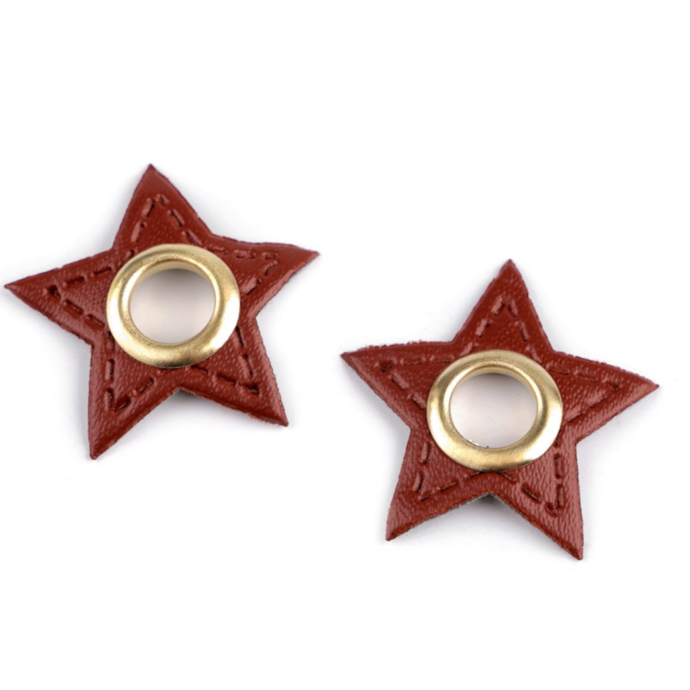 2x 8 mm nickel-schwarze Ösen Patches auf 30 mm Durchmesser Kunstleder in Stern-Form - Cognac-Braun