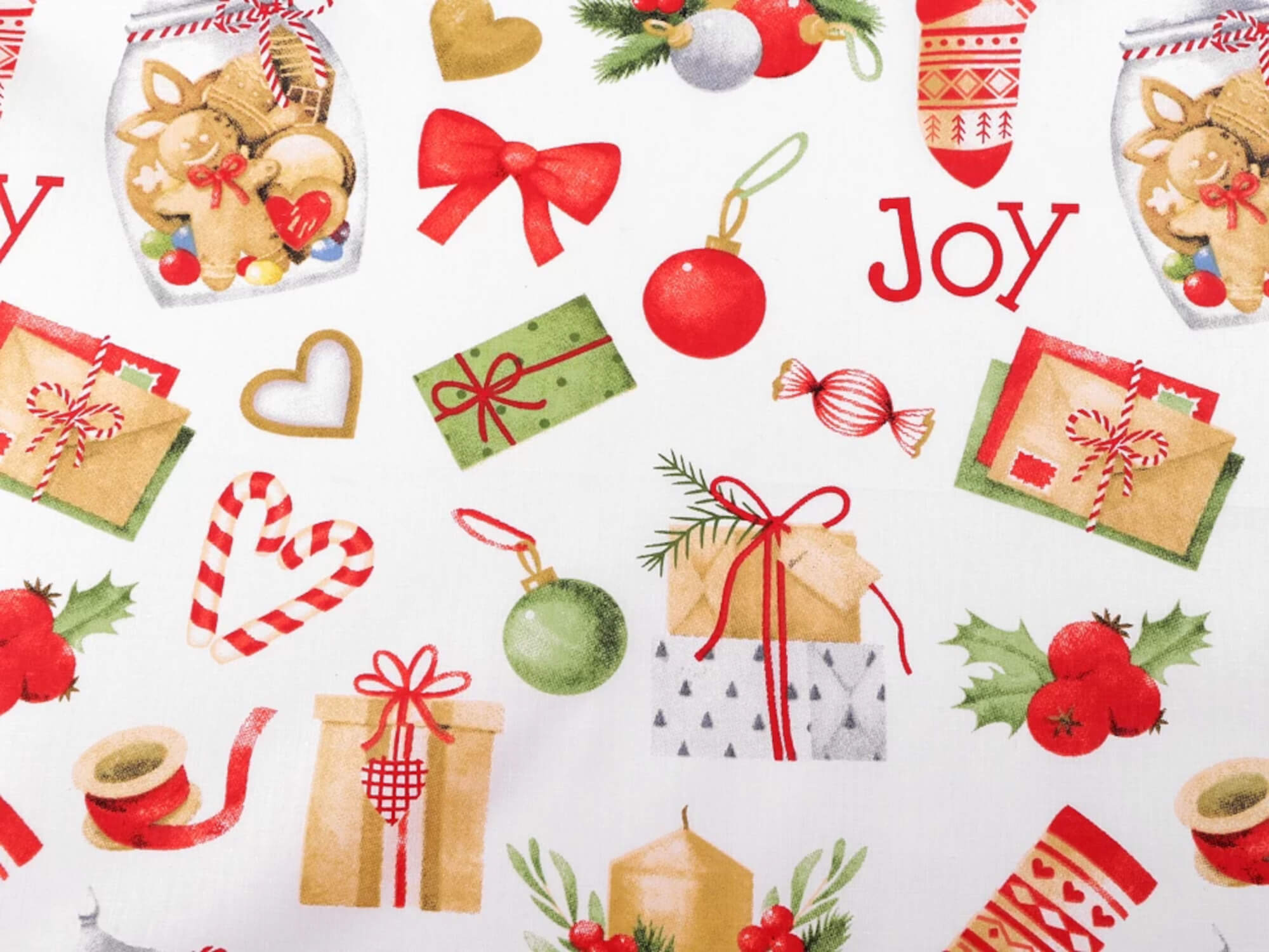 0,5 m | Baumwollstoff mit Weihnachtsmotiv Geschenke, Kekse, Baumschmuck