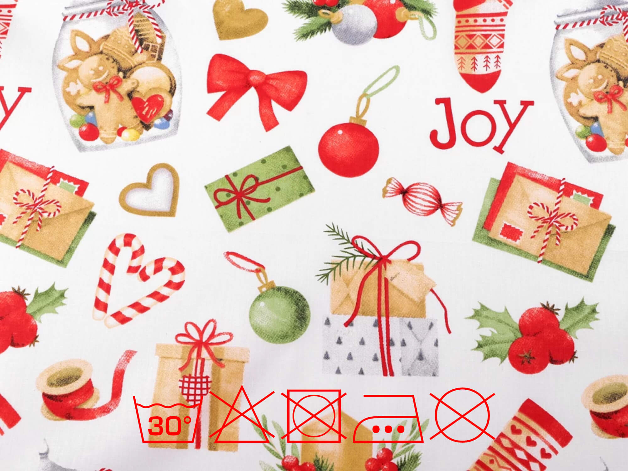 0,5 m | Baumwollstoff mit Weihnachtsmotiv Geschenke, Kekse, Baumschmuck