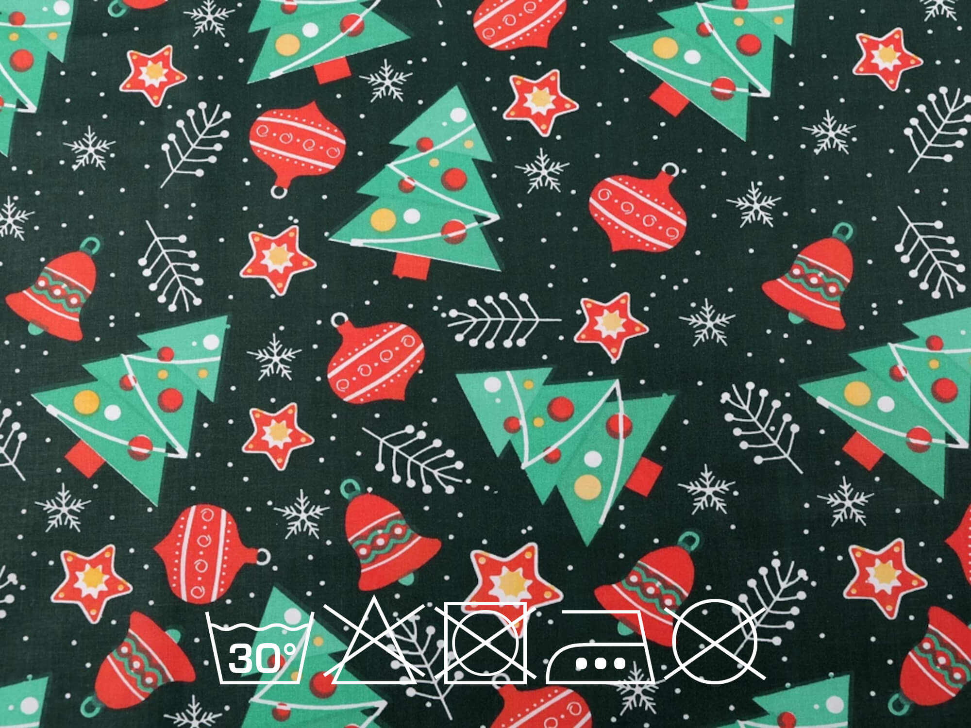 0,5 m | Baumwollstoff mit Weihnachtsmotiv Bäumchen, Baumkugeln - dunkelgrün
