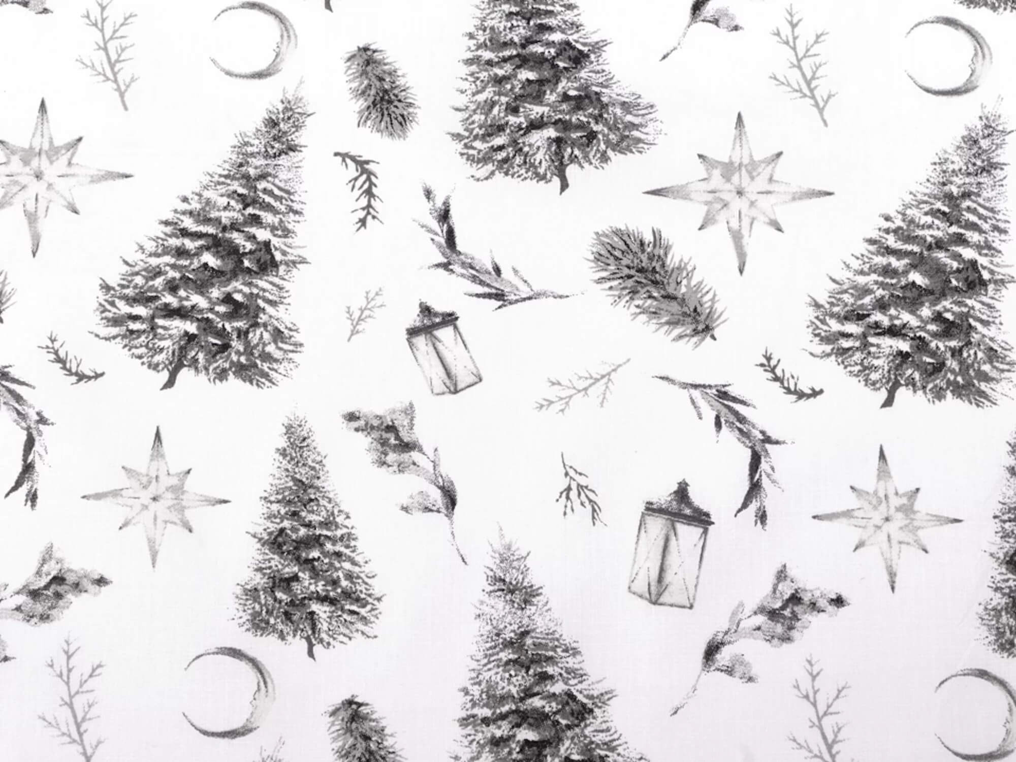 0,5 m | Baumwollstoff mit Weihnachtsmotiv Tannenbaum, Laterne, Sterne - weiß-grau (2)