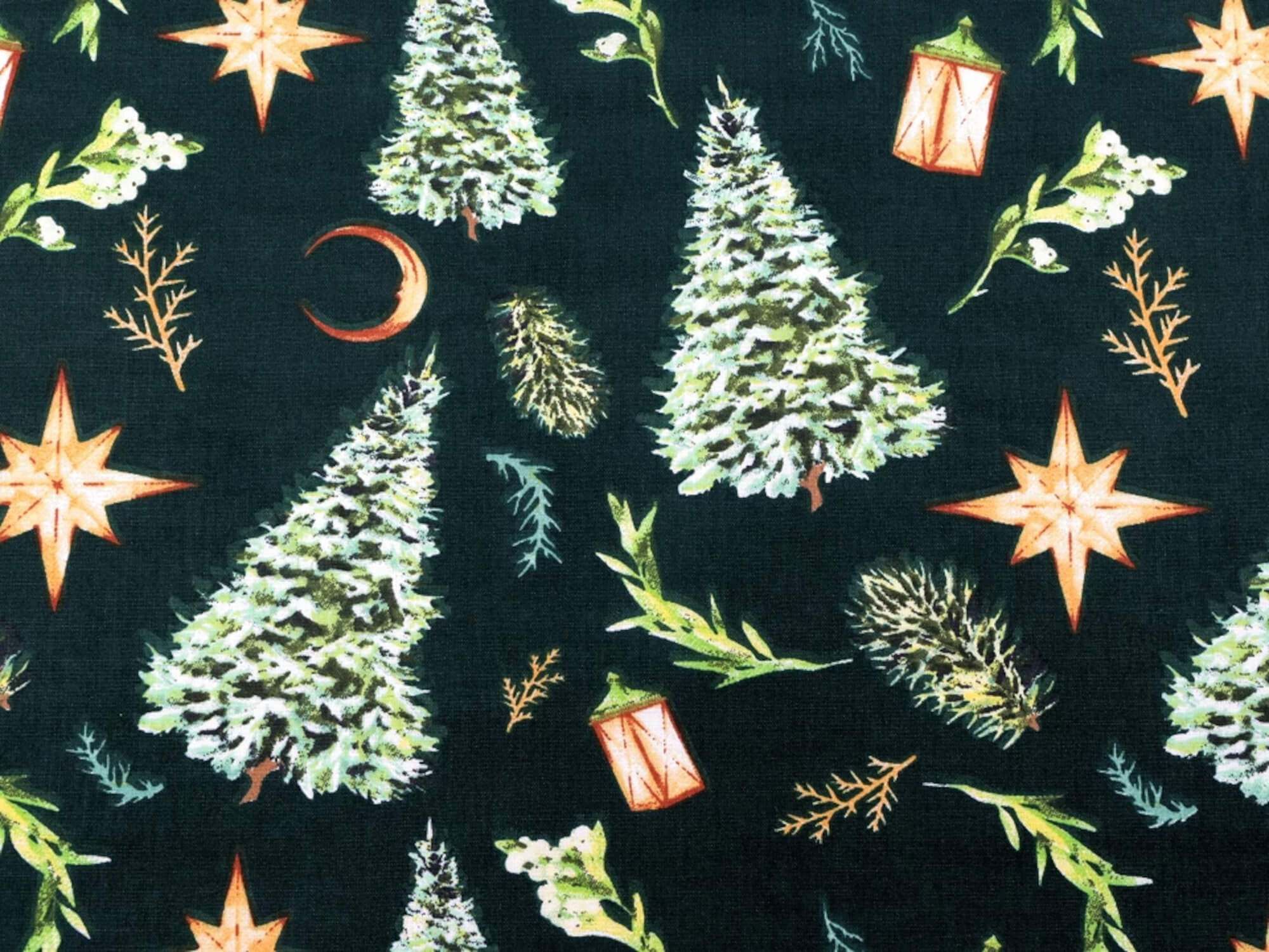 0,5 m | Baumwollstoff mit Weihnachtsmotiv Tannenbaum, Laterne, Sterne - dunkelgrün (3)
