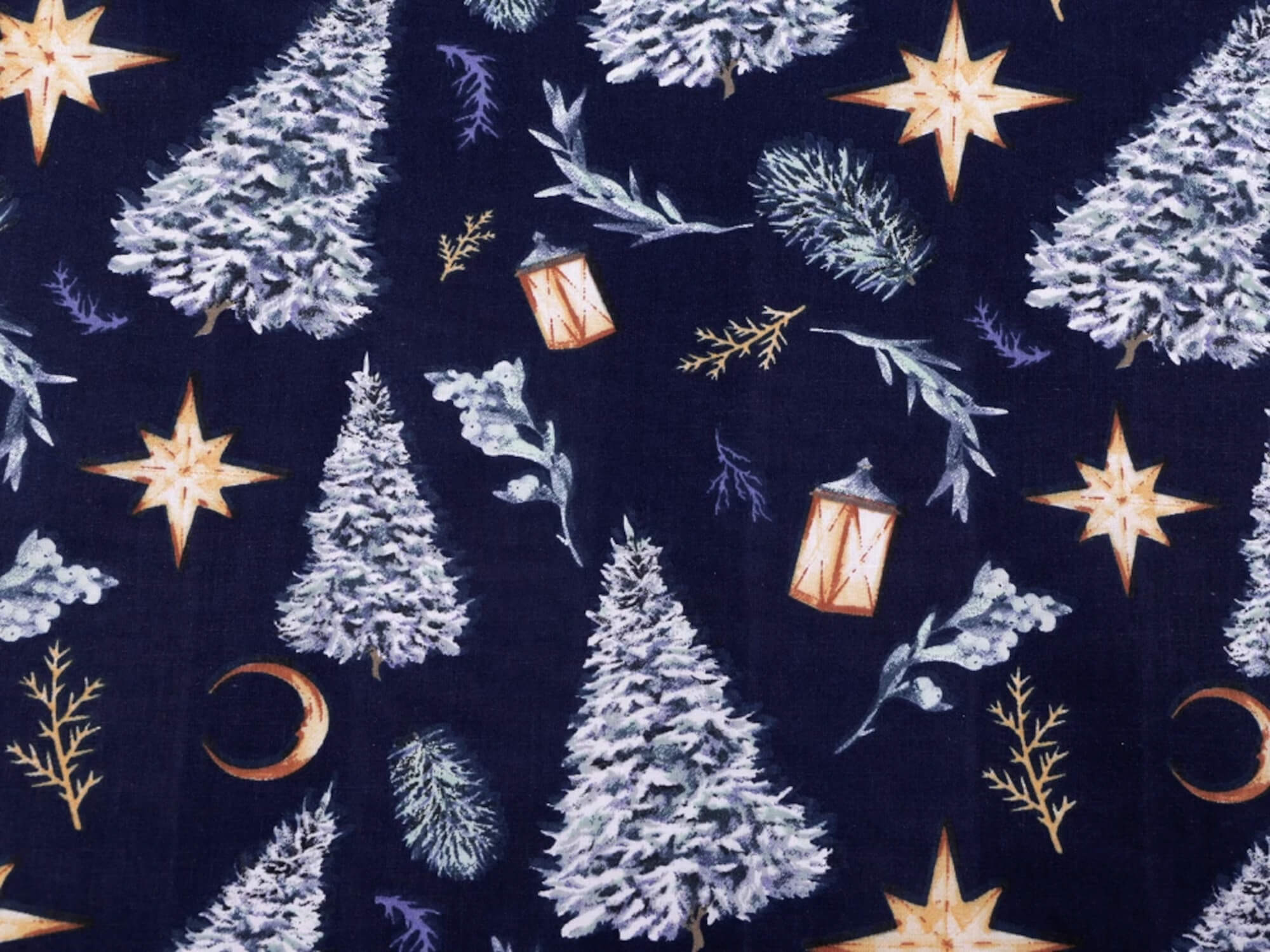 0,5 m | Baumwollstoff mit Weihnachtsmotiv Tannenbaum, Laterne, Sterne - dunkelblau (4)