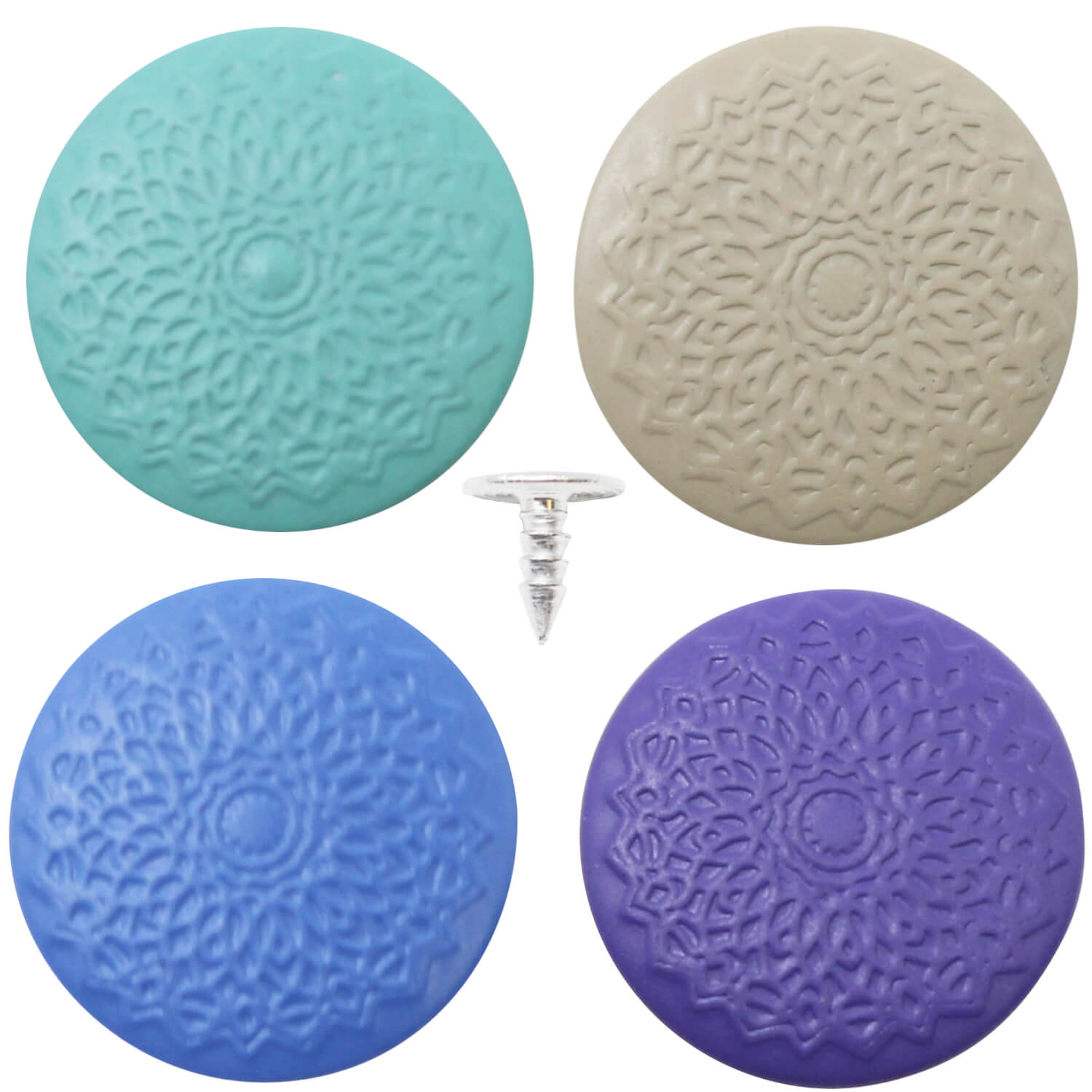 10 Metallknöpfe mit ornamentalen Relief - Ø 17 mm lila, türkis, blau oder beige