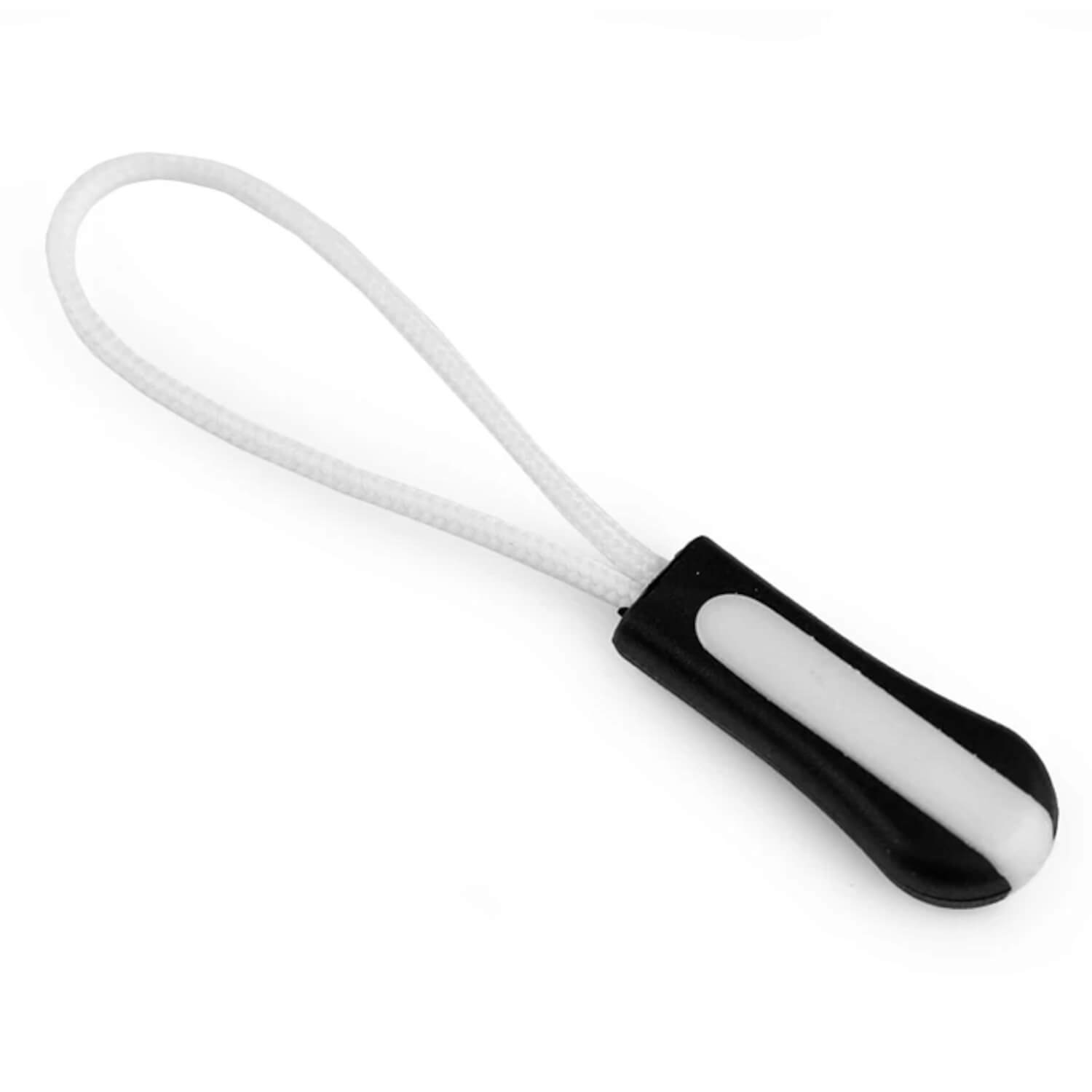 10 Zipper Schlaufen mit schwarzem Plastik Tropfen-Anhänger - weiß-schwarz (1)